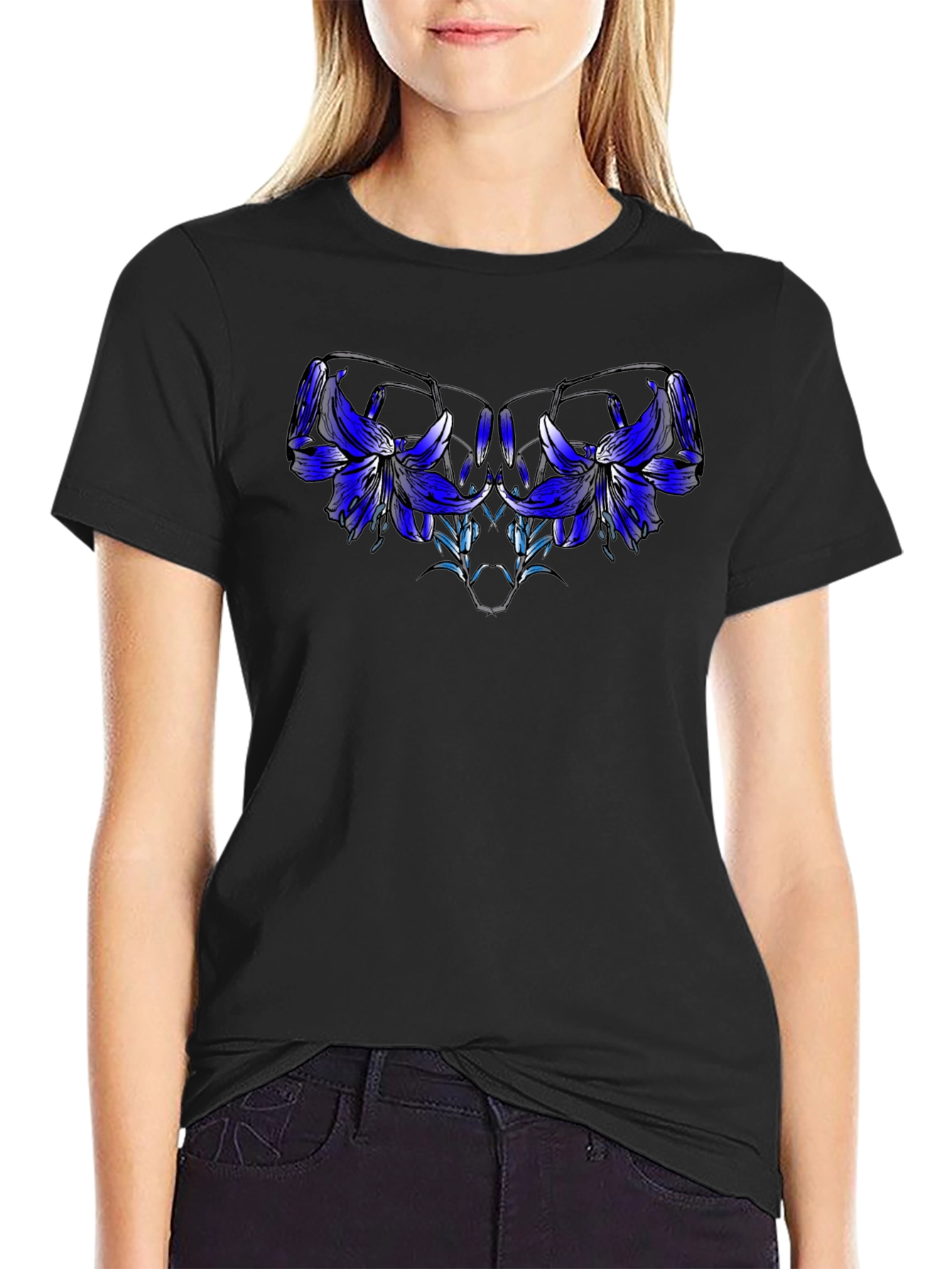 Black Floral Graphic Tee - Modern Artistic Design