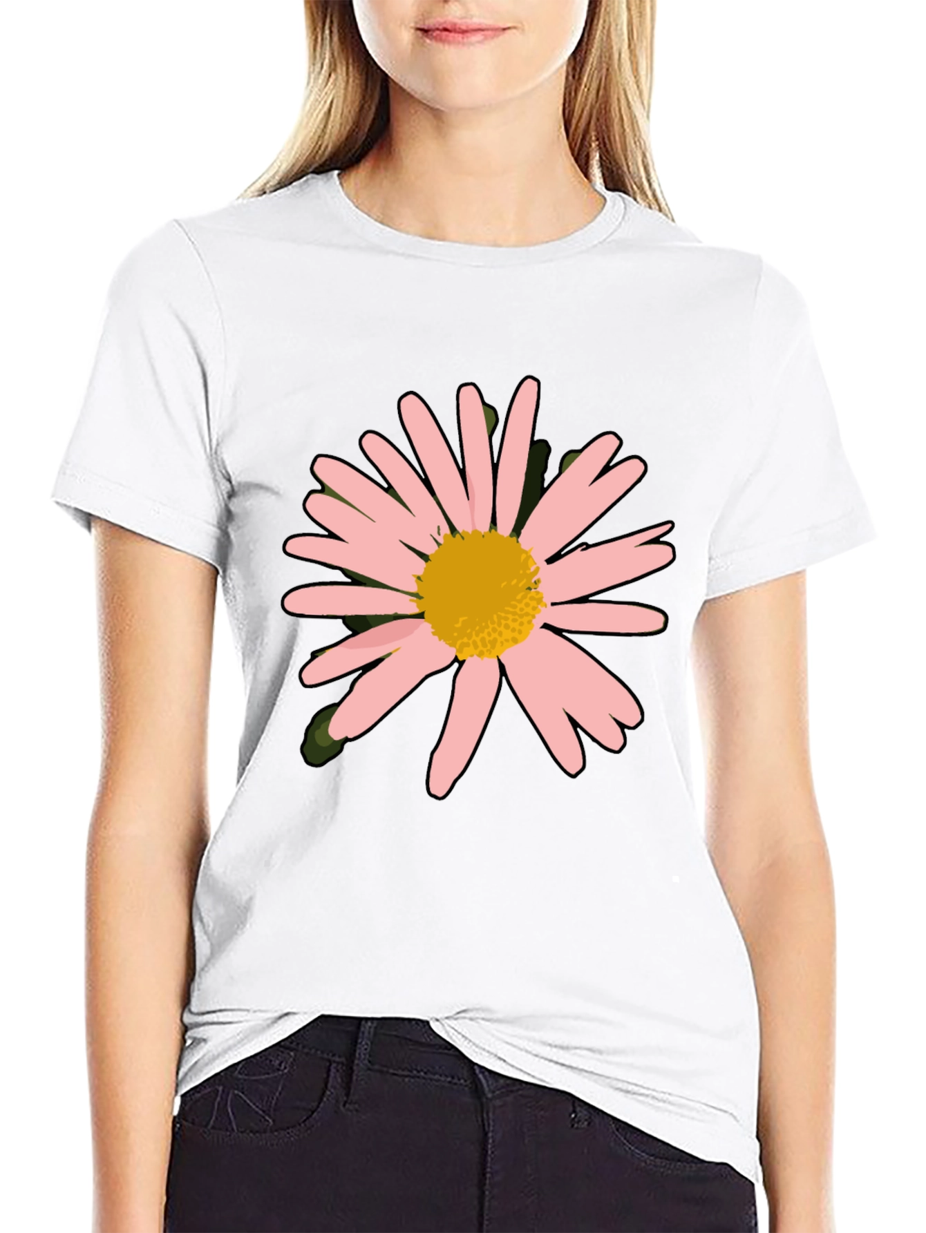 Pink Daisy Graphic Black T-Shirt