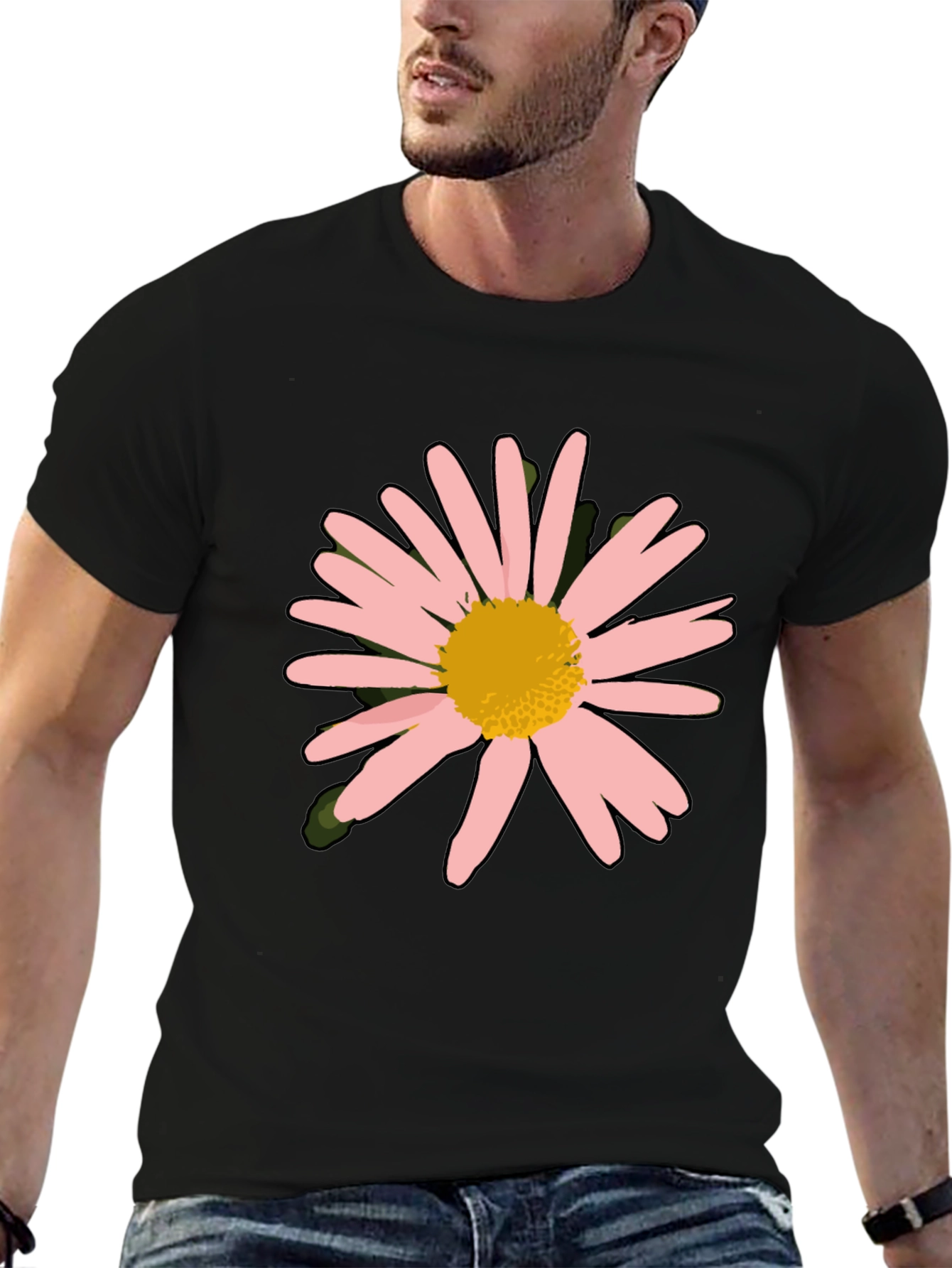 Pink Daisy Graphic Black T-Shirt