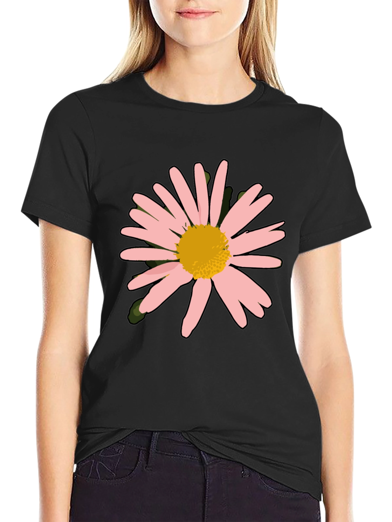 Pink Daisy Graphic Black T-Shirt