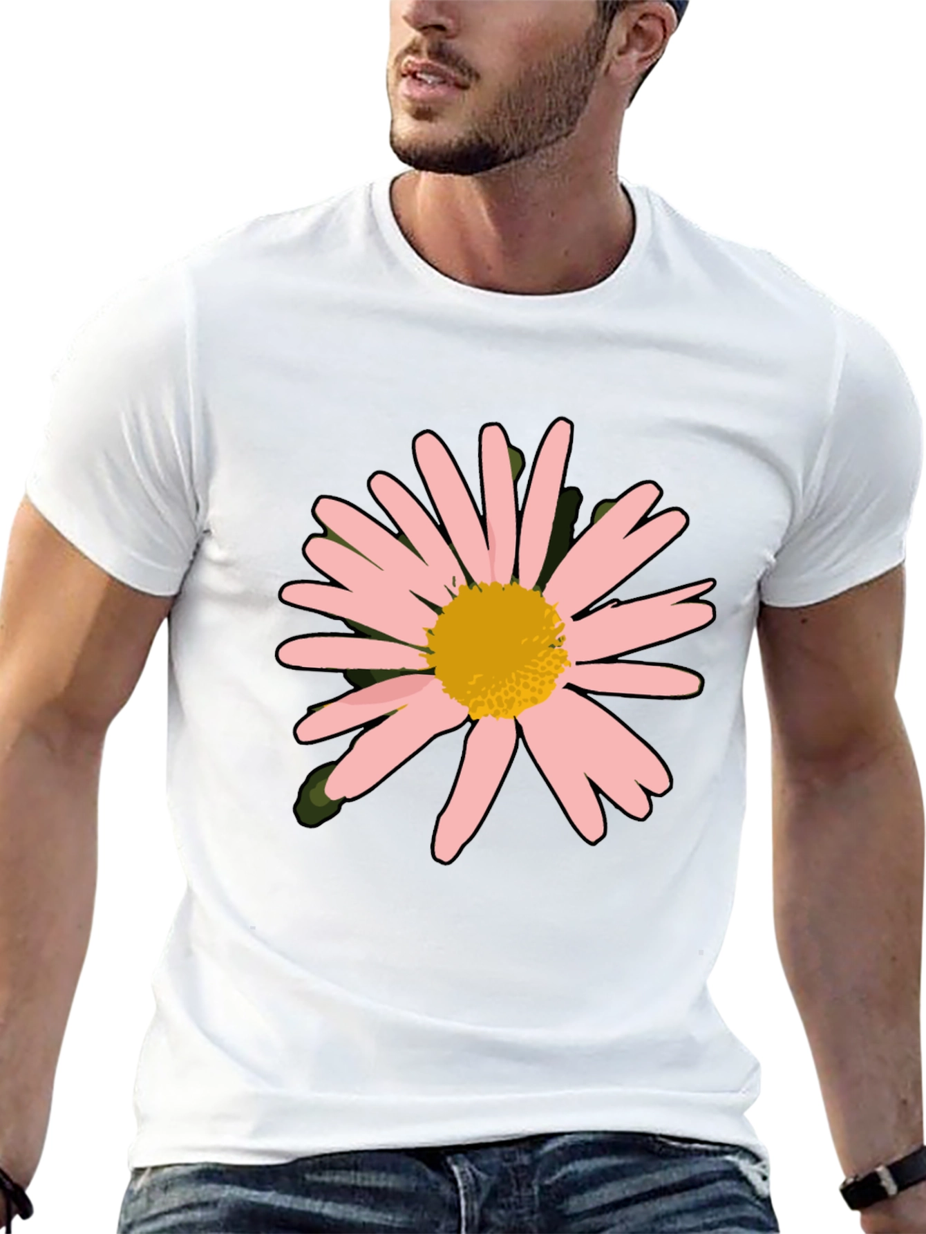 Pink Daisy Graphic Black T-Shirt