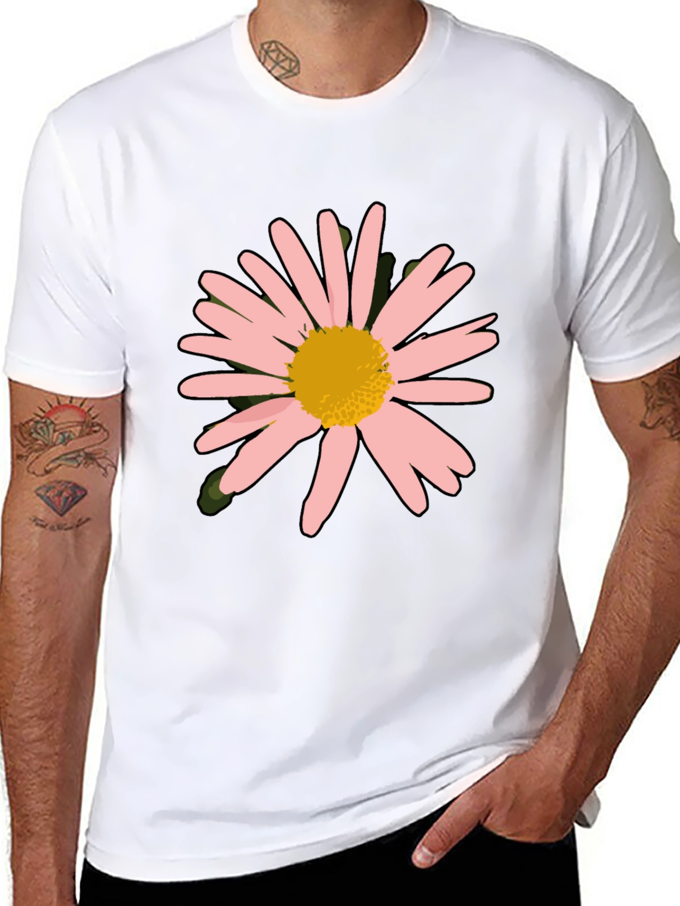 Pink Daisy Graphic Black T-Shirt