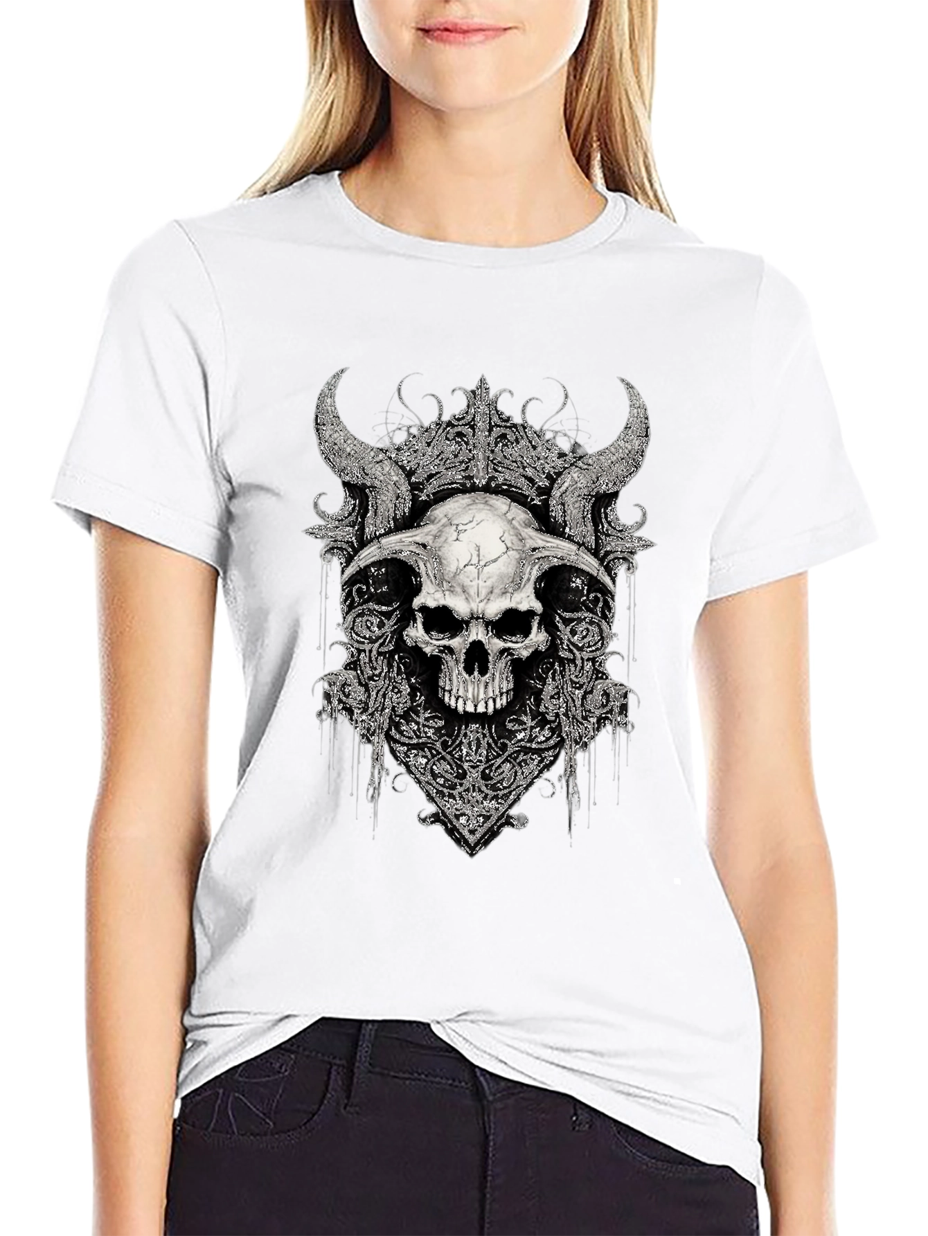 Black Skull Horns Graphic Print T-Shirt