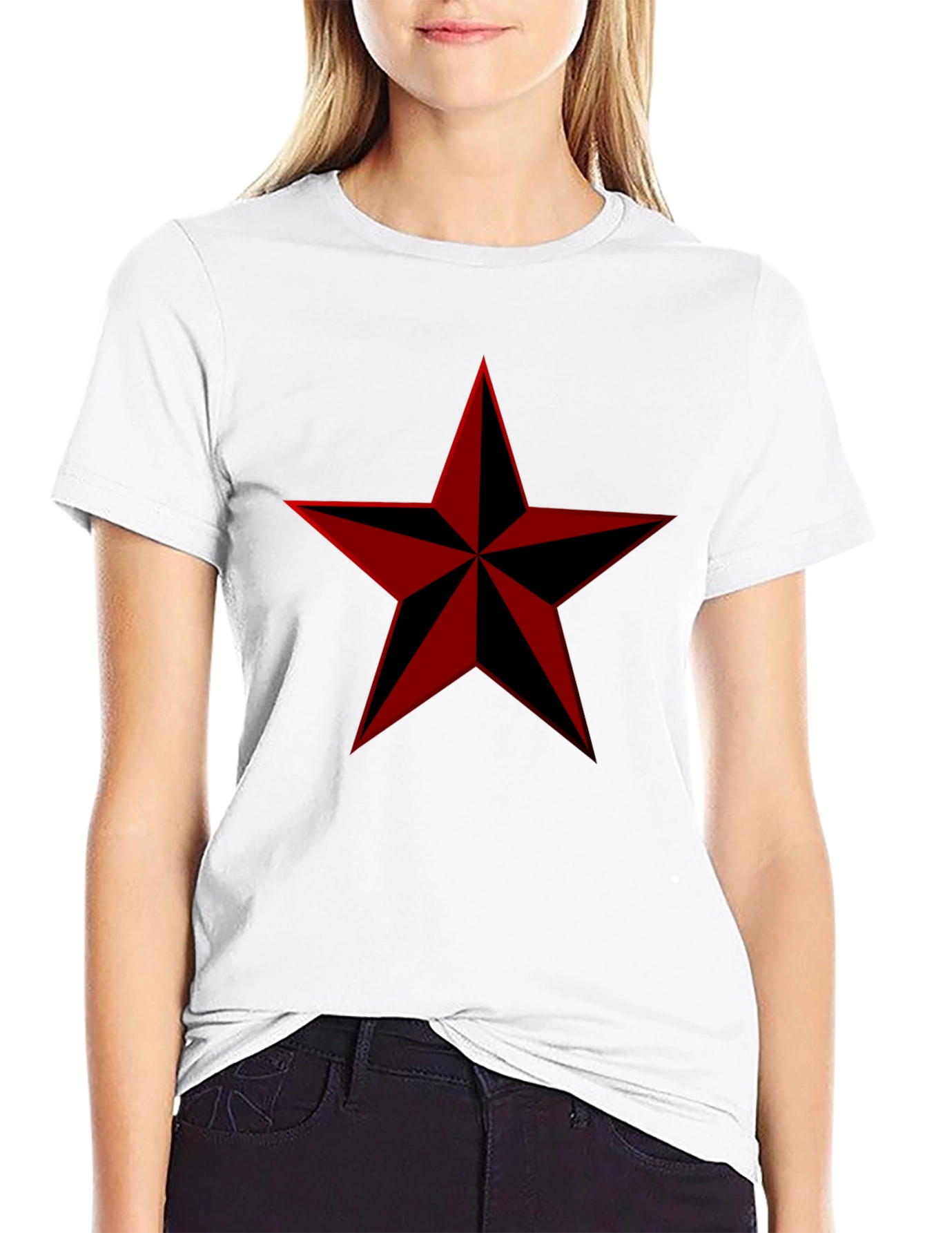 Red Nautical Star Graphic Print Black T-Shirt