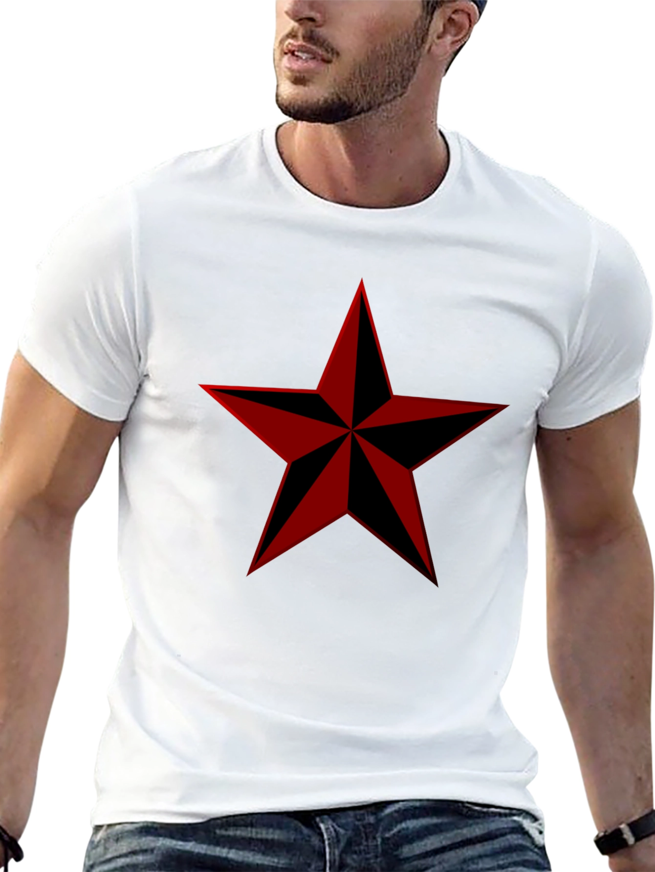 Red Nautical Star Graphic Print Black T-Shirt