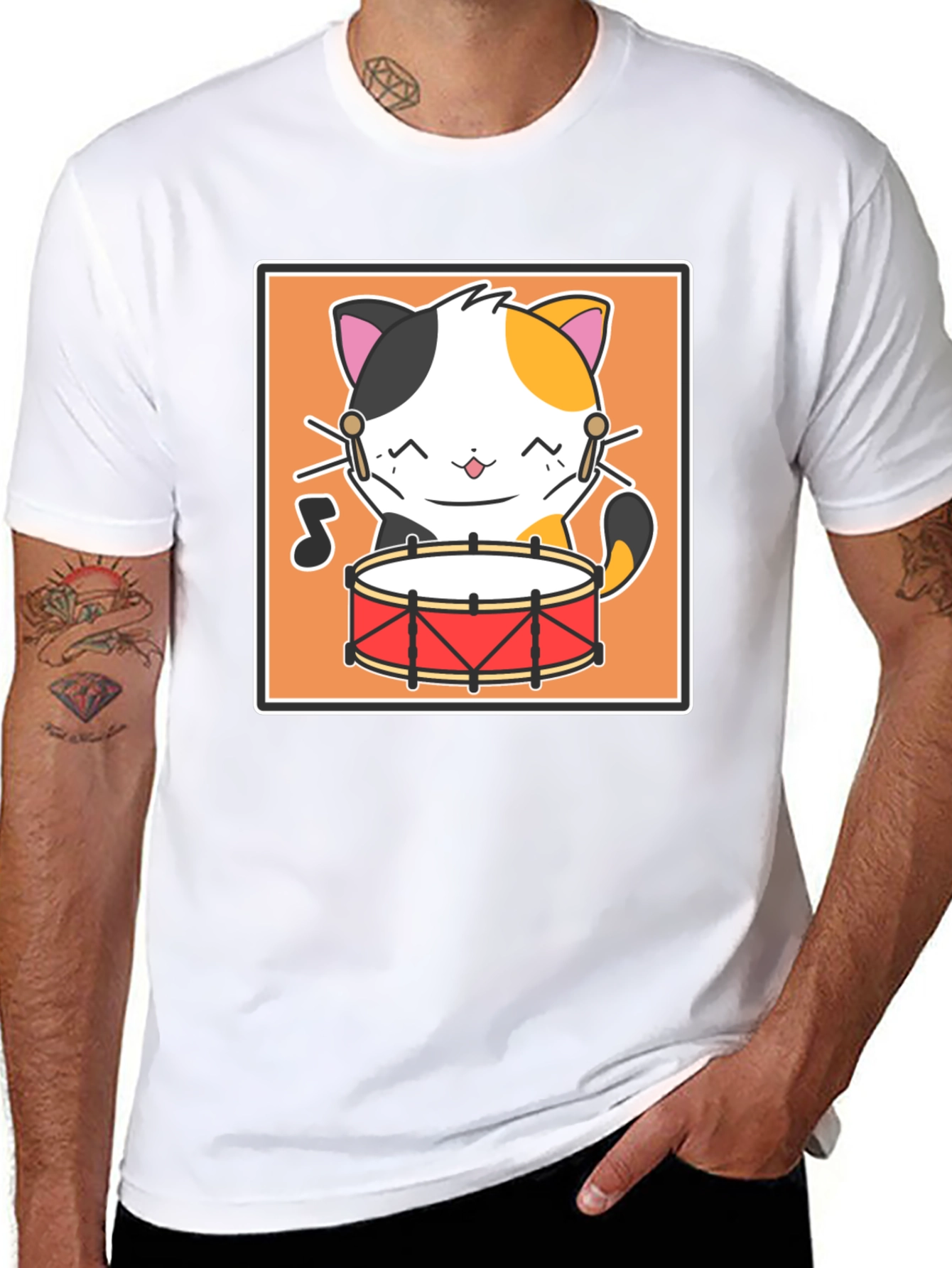 Cat Drummer Black T-Shirt - Music Lover Tee