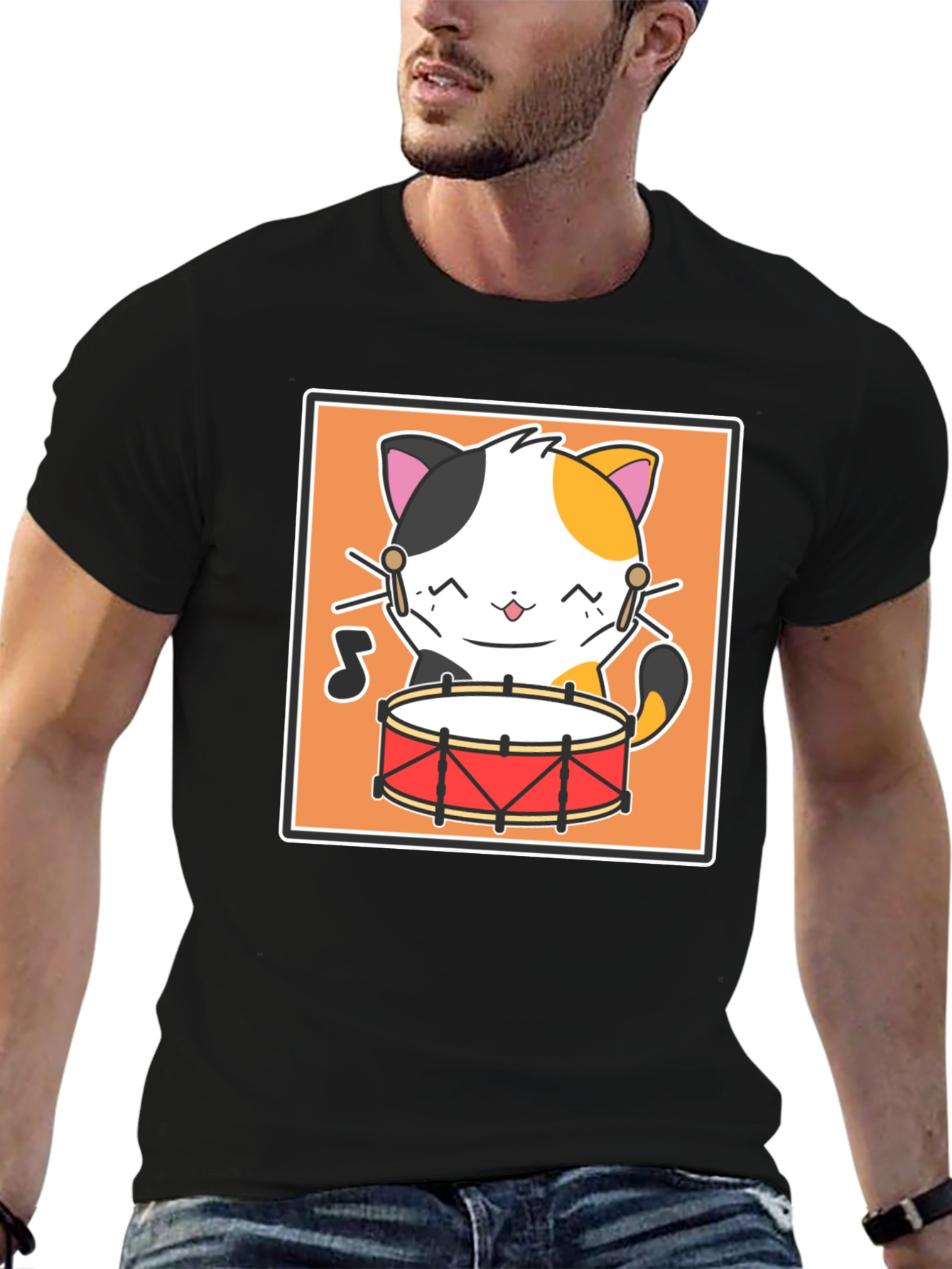 Cat Drummer Black T-Shirt - Music Lover Tee