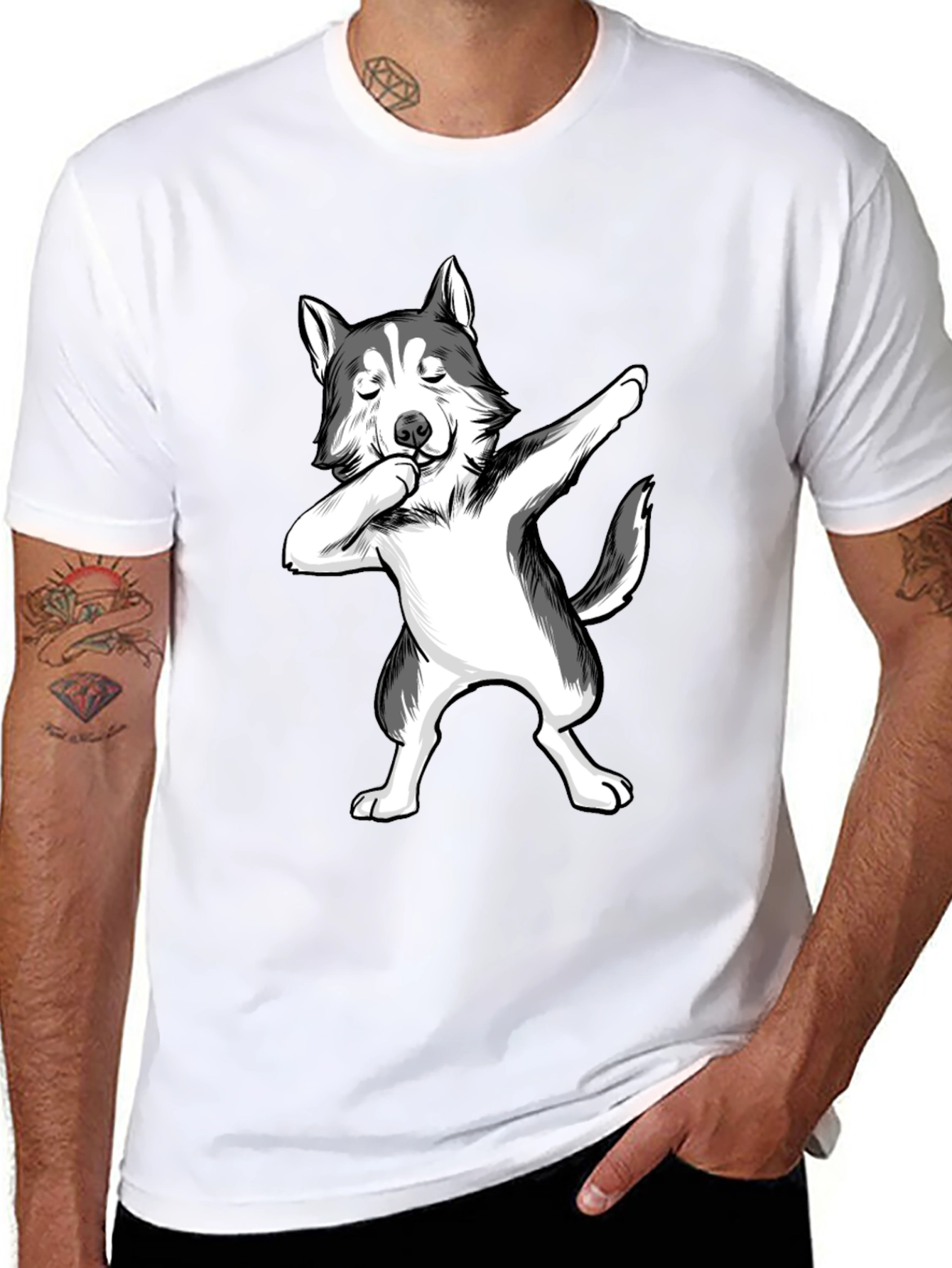 Dabbing Husky T-Shirt - Black Crew Neck Tee