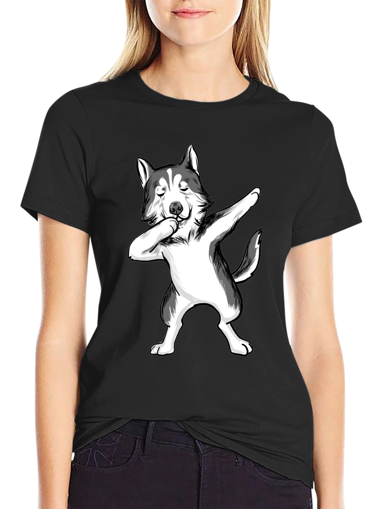 Dabbing Husky T-Shirt - Black Crew Neck Tee