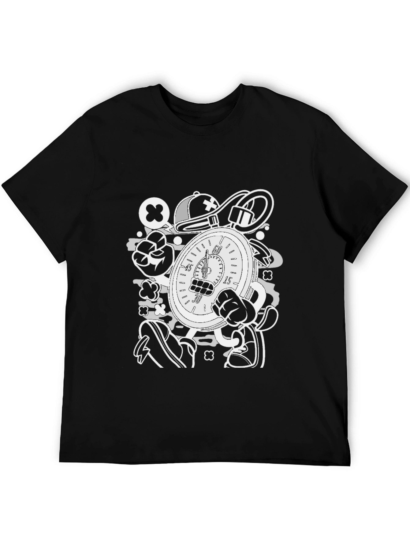 Cartoon Stopwatch Graphic Tee - Black