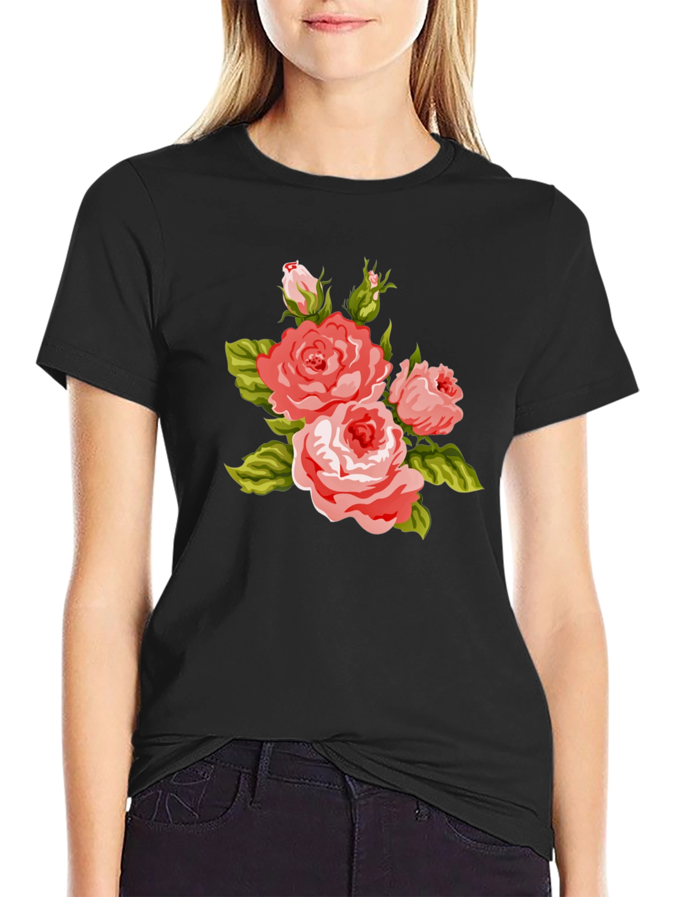 Floral Rose Graphic Black T-Shirt