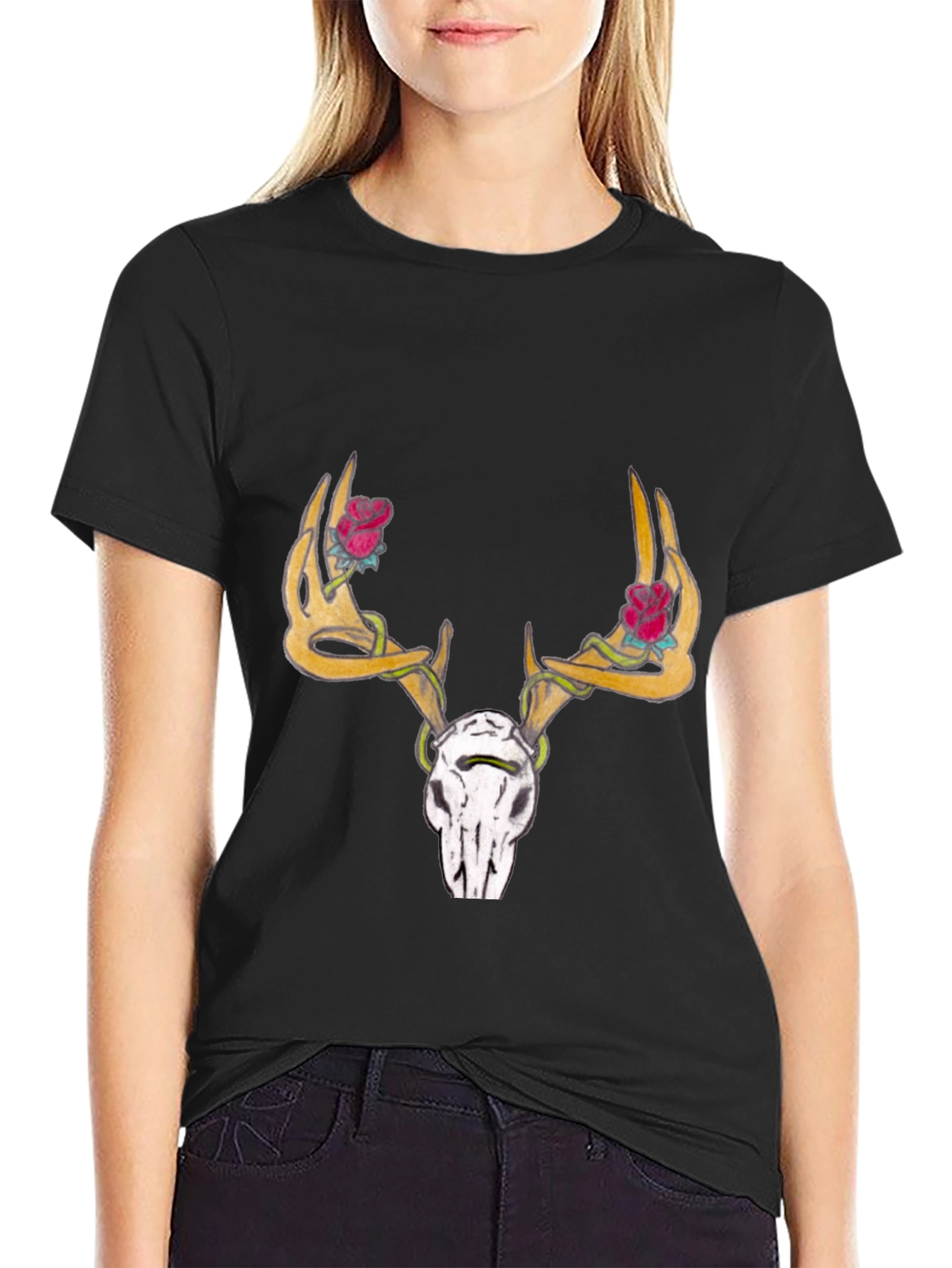 Deer Skull Rose Horn Graphic Tee - Black