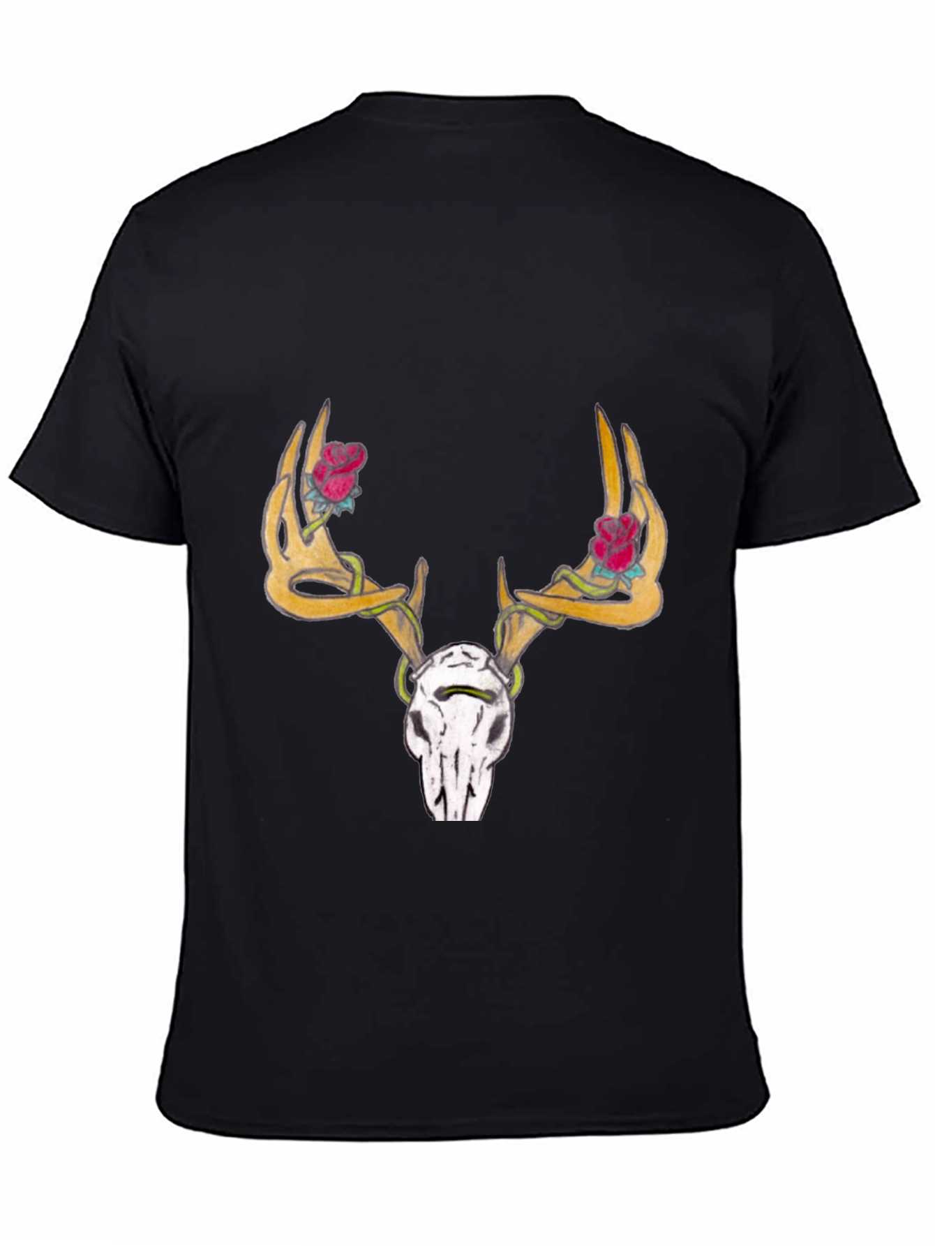 Deer Skull Rose Horn Graphic Tee - Black