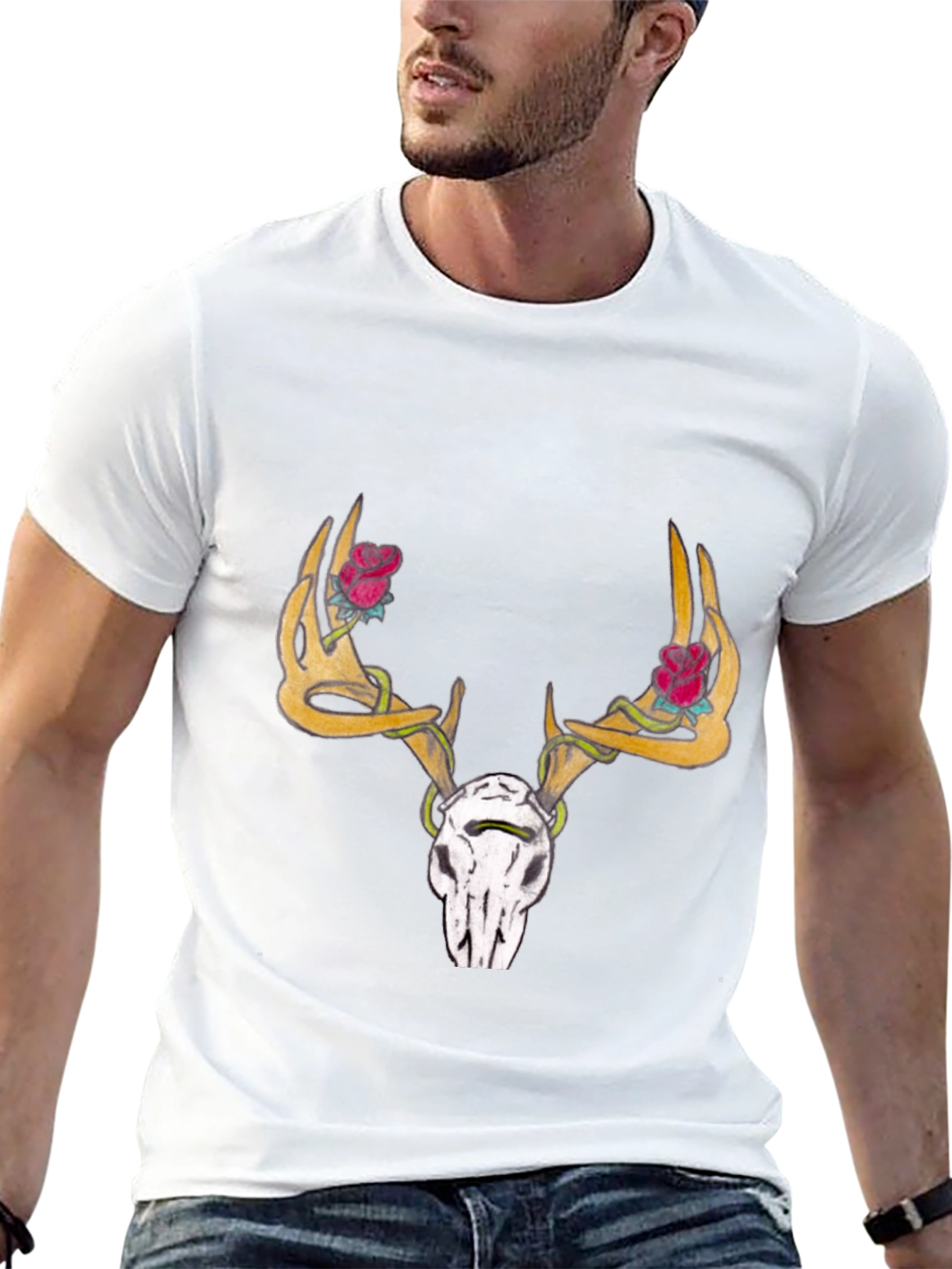 Deer Skull Rose Horn Graphic Tee - Black