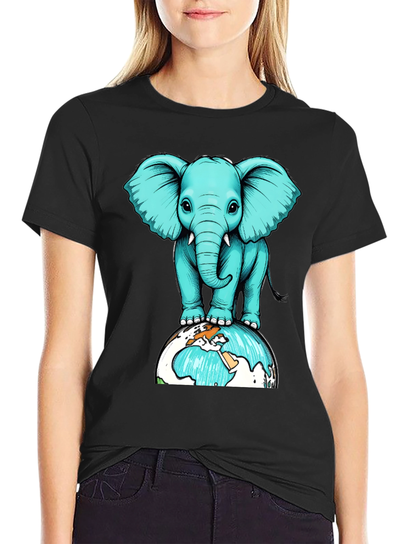 Elephant on Globe Graphic Tee - Black