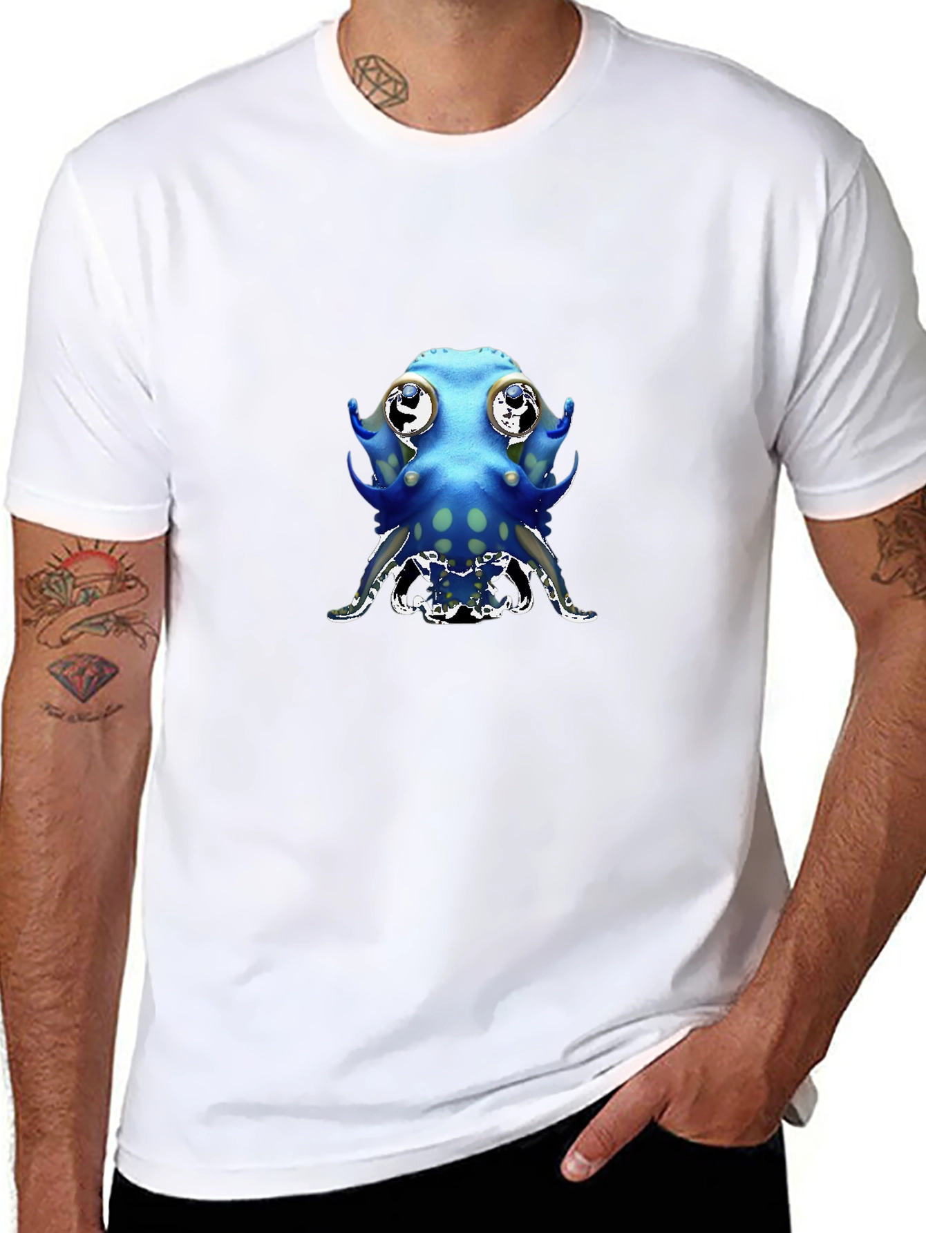 Cartoon Octopus Graphic Tee - Black Cotton Blend