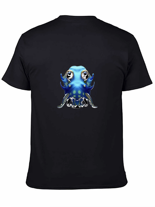 Cartoon Octopus Graphic Tee - Black Cotton Blend