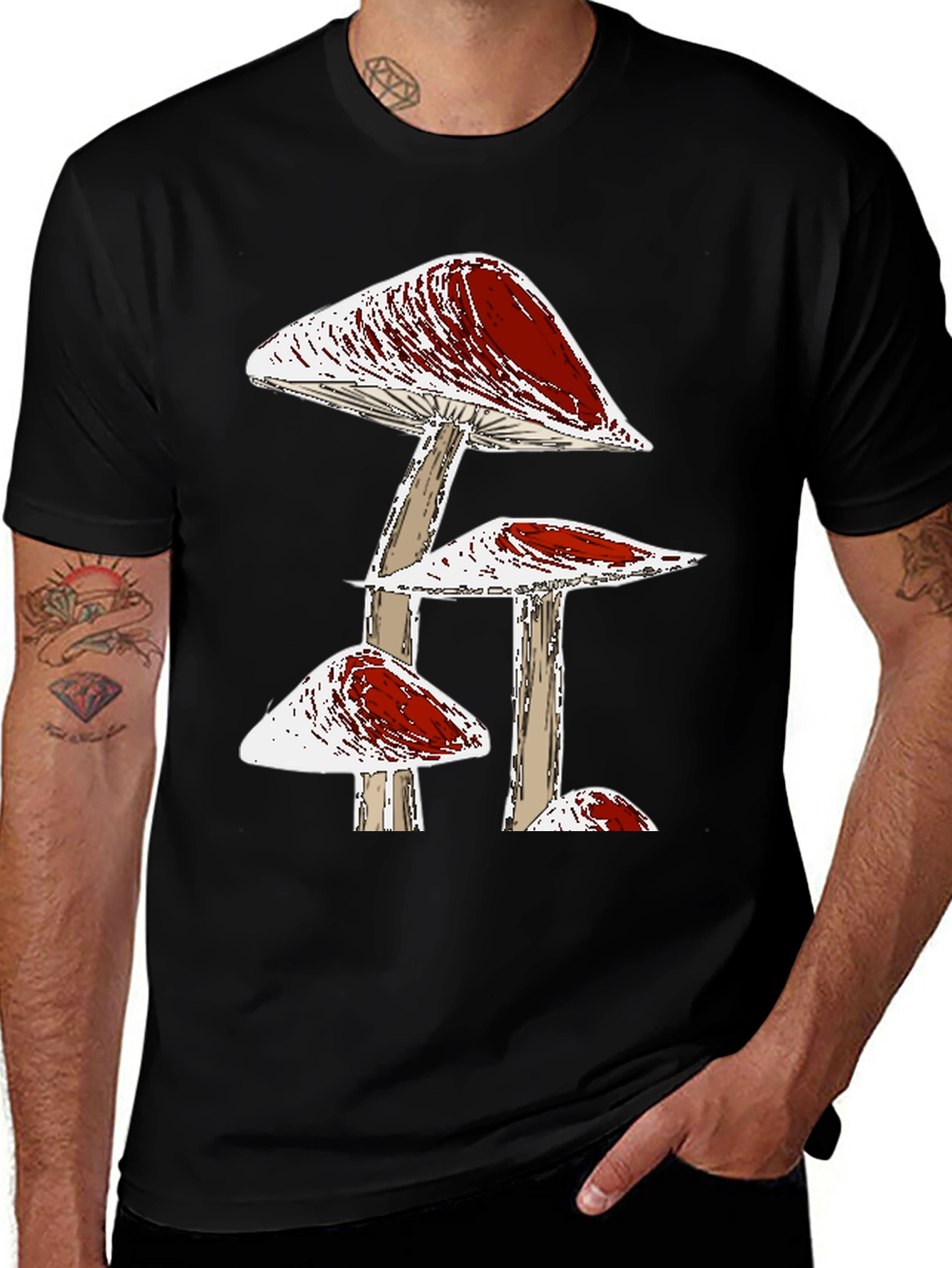 Funky Mushroom Graphic Tee - Black Cotton T-Shirt