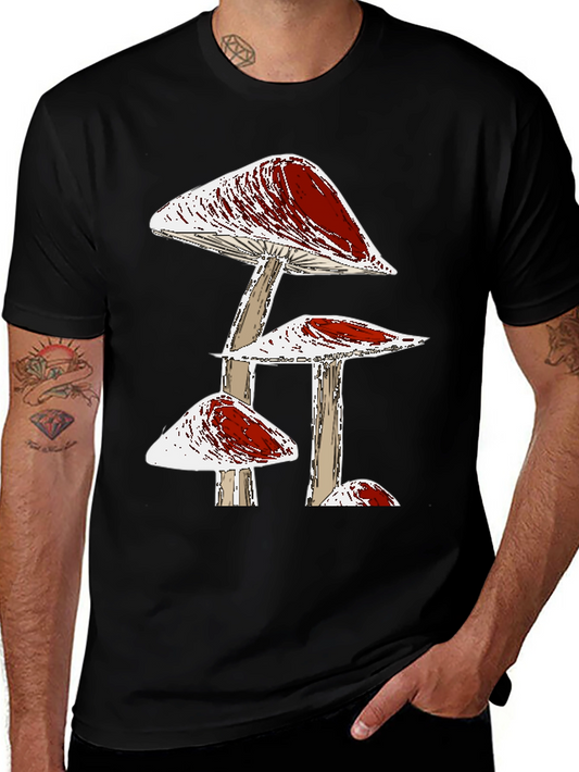 Funky Mushroom Graphic Tee - Black Cotton T-Shirt