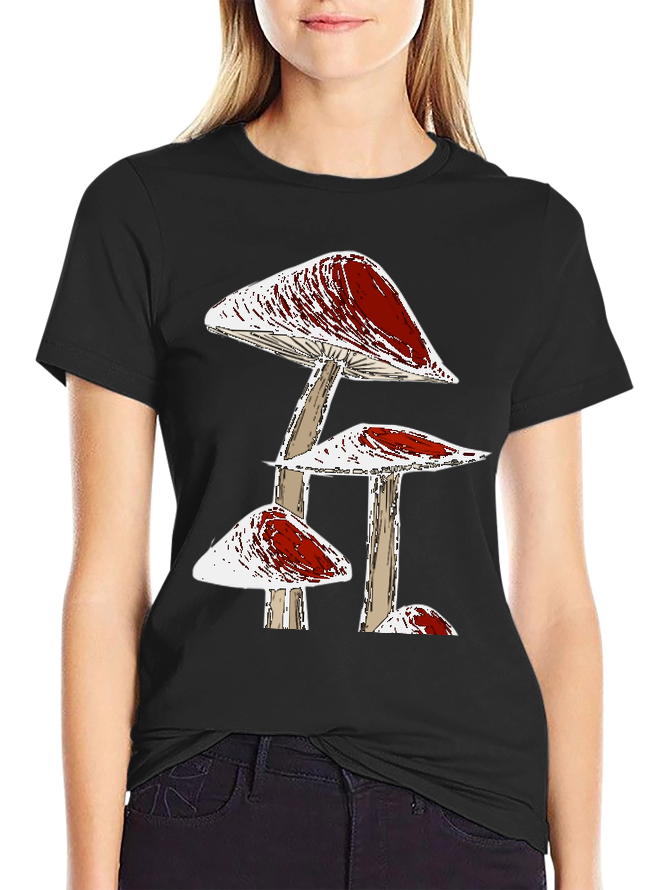 Funky Mushroom Graphic Tee - Black Cotton T-Shirt