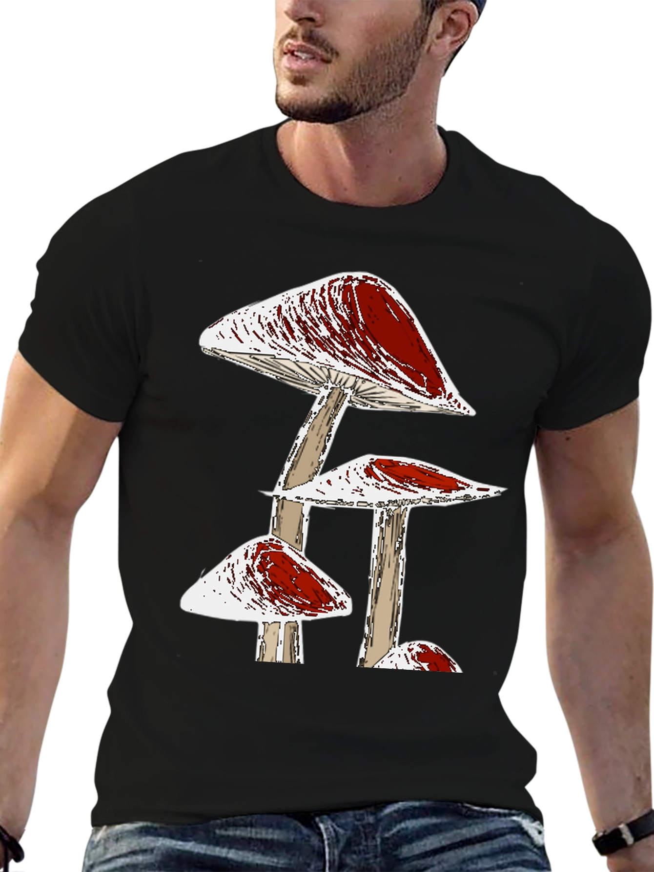 Funky Mushroom Graphic Tee - Black Cotton T-Shirt