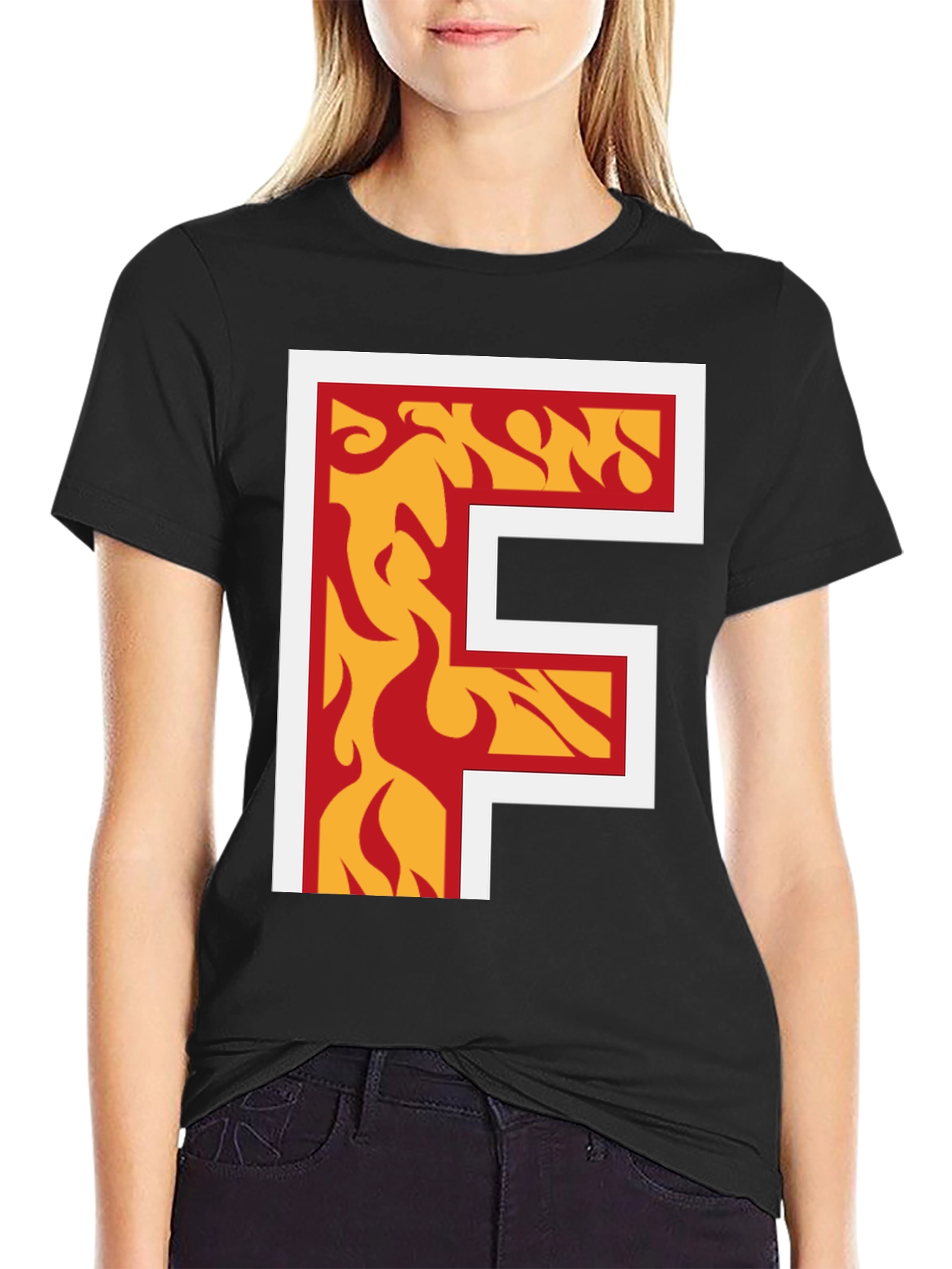 Fiery Letter F Graphic Tee - Bold Black T-Shirt