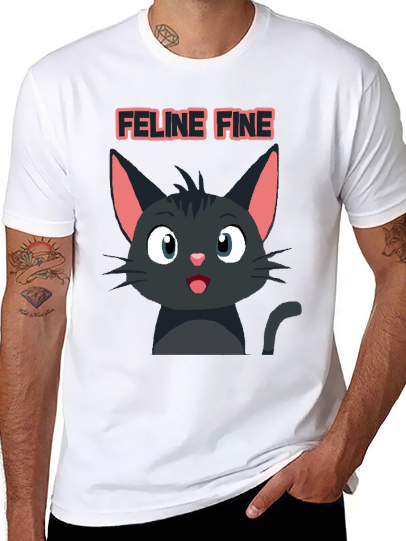Feline Fine Black Cat T-Shirt - Cute Cartoon Design