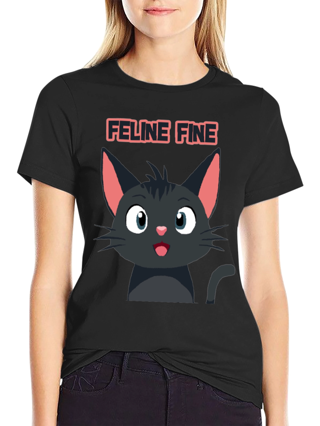 Feline Fine Black Cat T-Shirt - Cute Cartoon Design