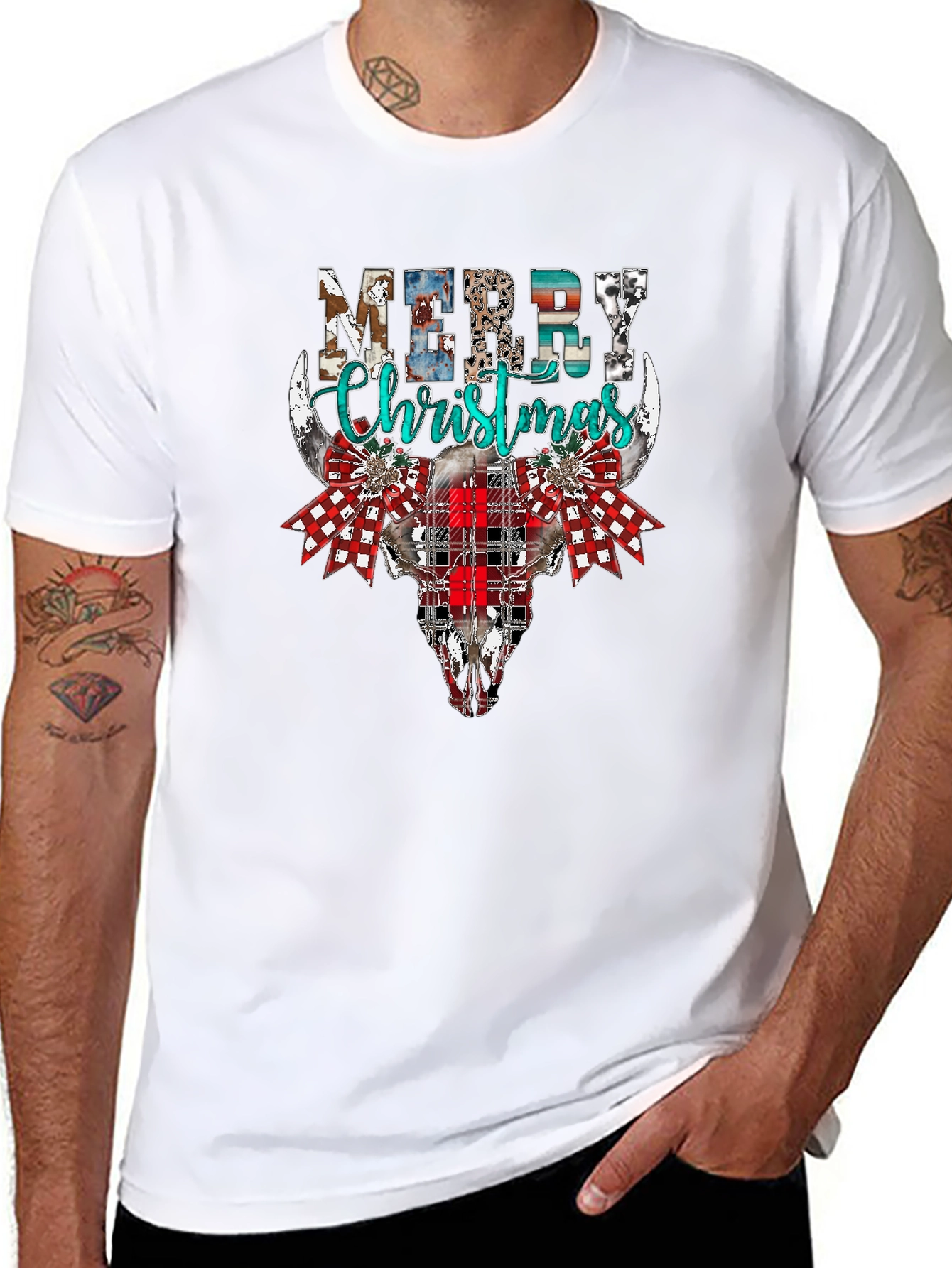 Merry Christmas Bull Skull Graphic Tee