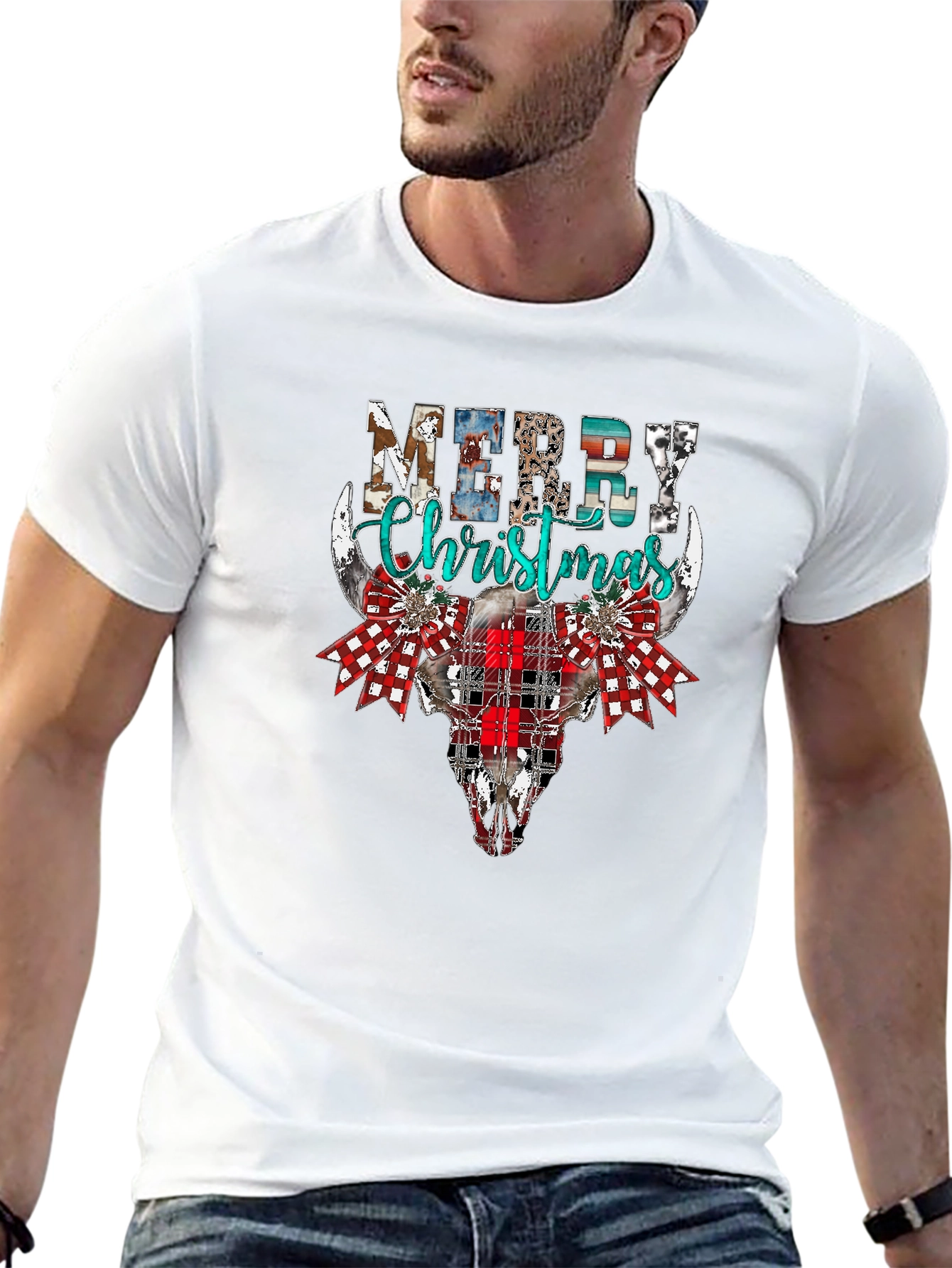 Merry Christmas Bull Skull Graphic Tee