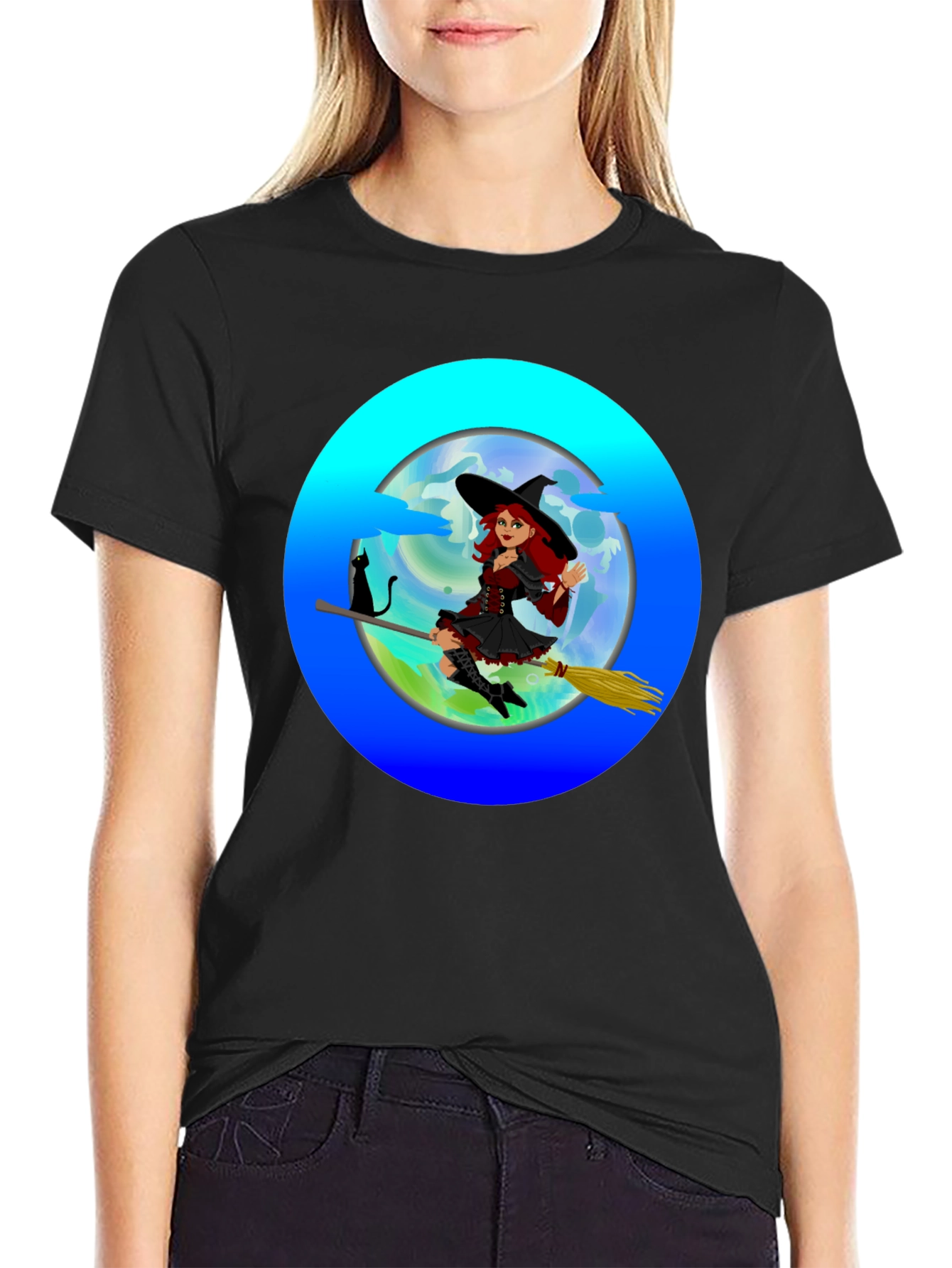 Witch on Broom T-Shirt - Spooky & Fun!
