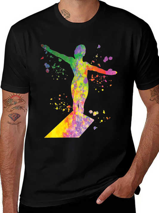 Watercolor Surfer Graphic Tee - Black Cotton T-Shirt