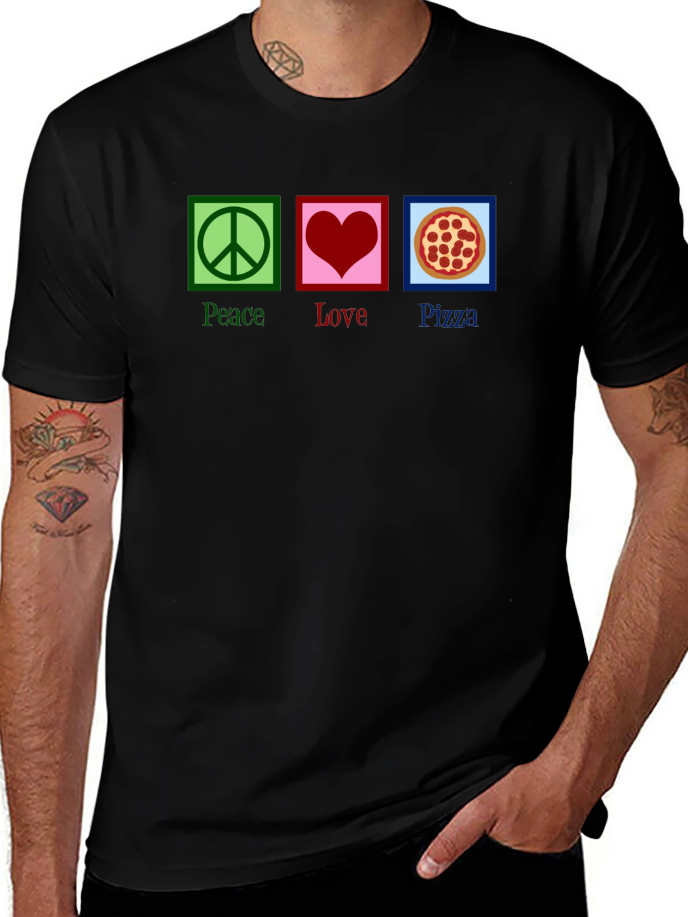 Peace Love Pizza Graphic Tee - Black Cotton T-Shirt