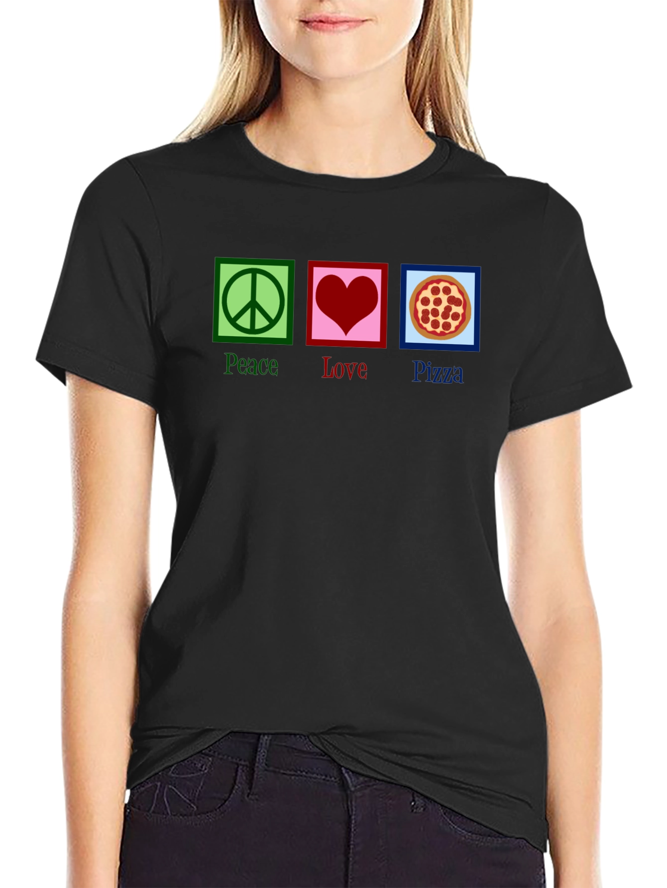 Peace Love Pizza Graphic Tee - Black Cotton T-Shirt