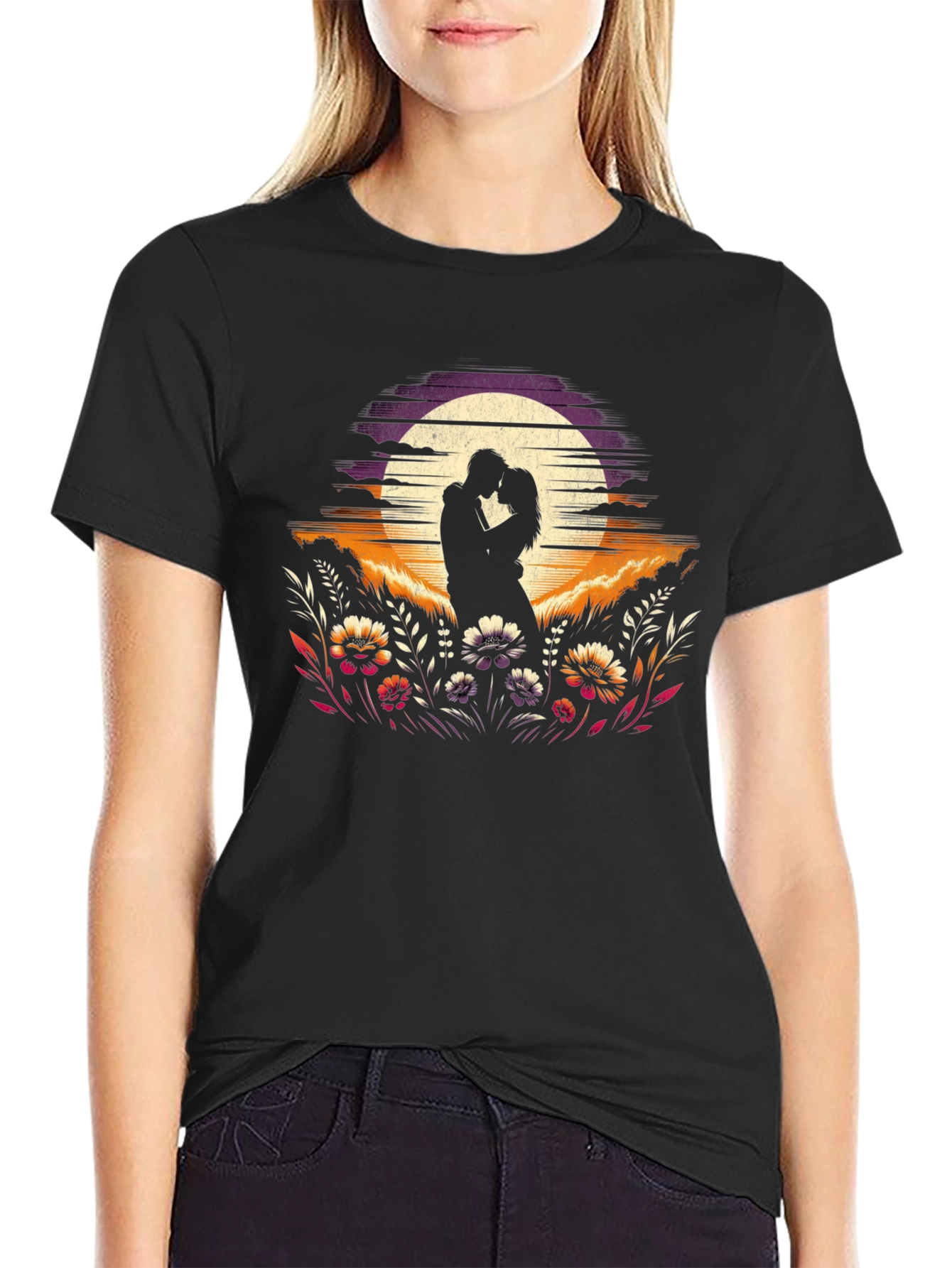 Romantic Sunset Couple Graphic T-Shirt