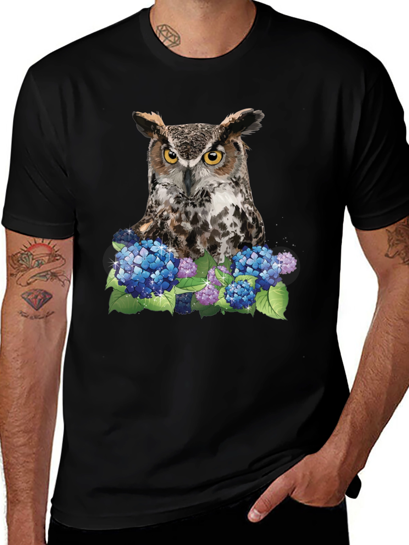 Owl and Hydrangea Graphic Tee - Nature T-Shirt