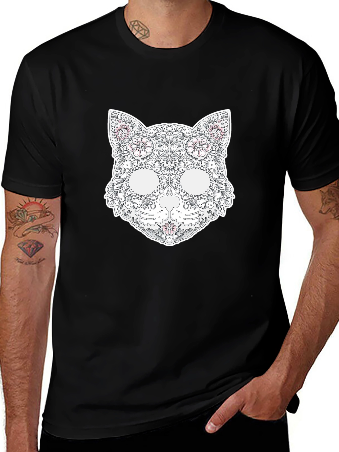 Floral Cat Skull T-Shirt - Unique Graphic Tee