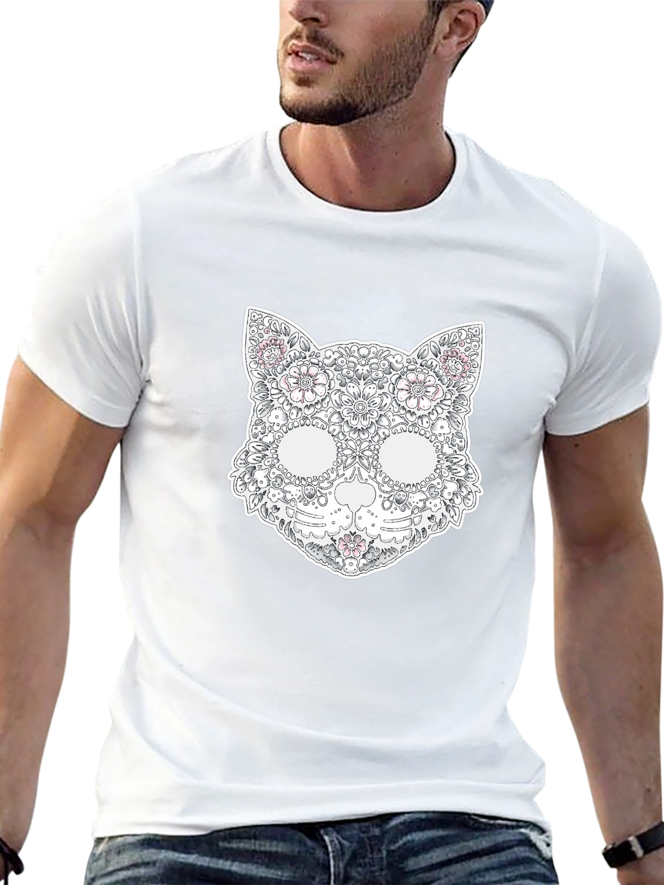 Floral Cat Skull T-Shirt - Unique Graphic Tee