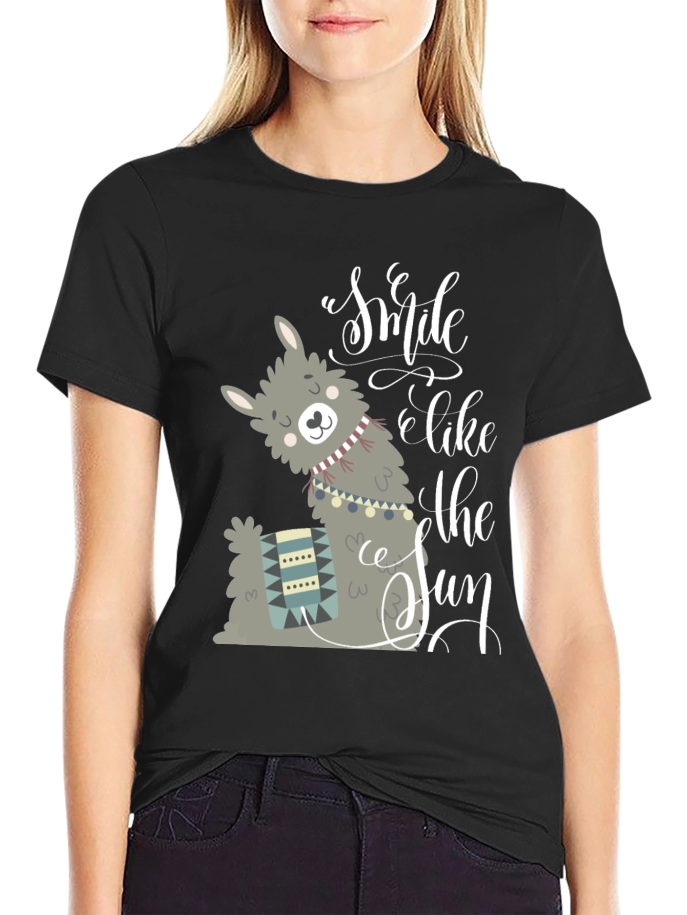 Llama Smile Like The Sun Black Graphic T-Shirt