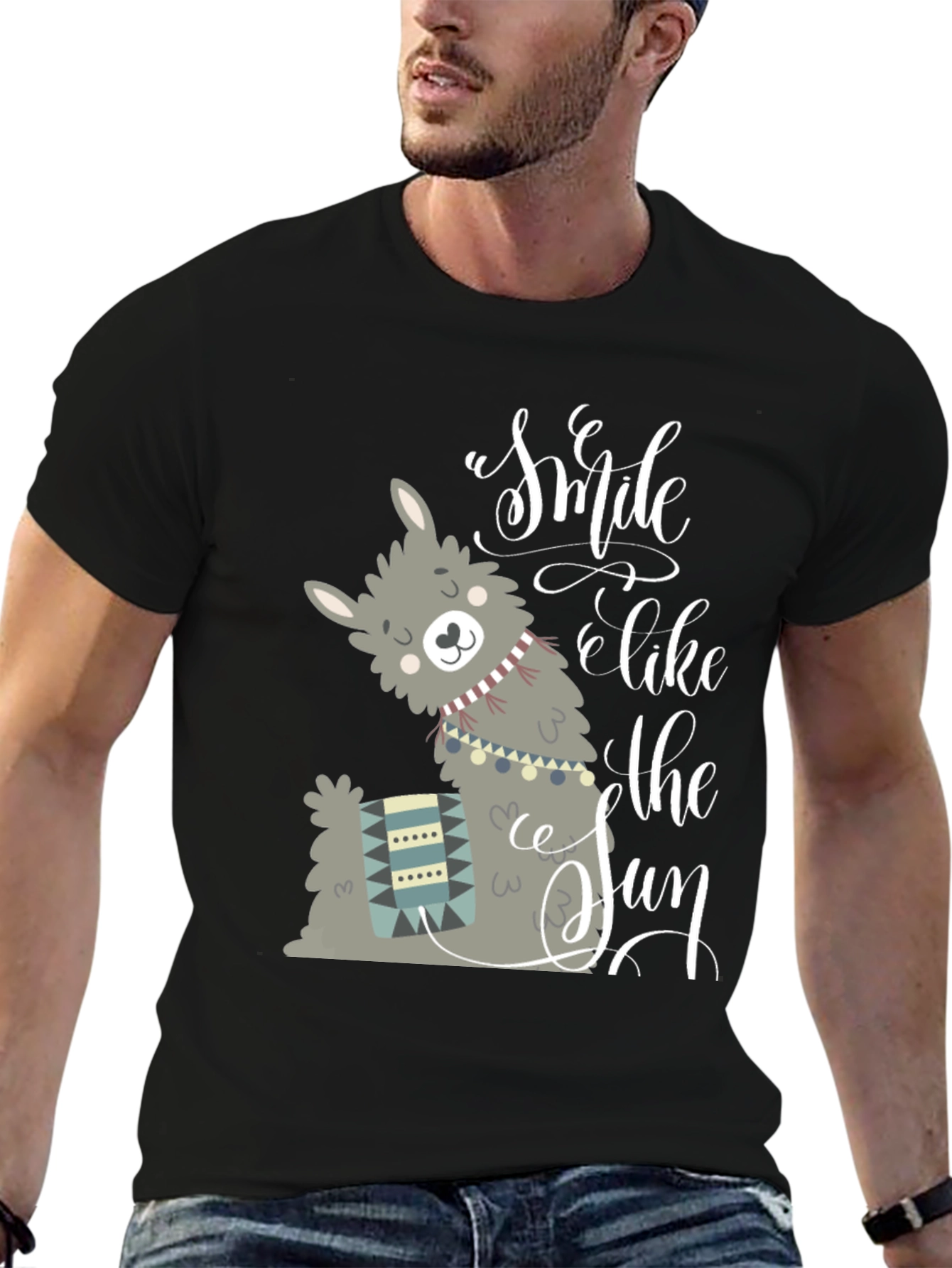 Llama Smile Like The Sun Black Graphic T-Shirt