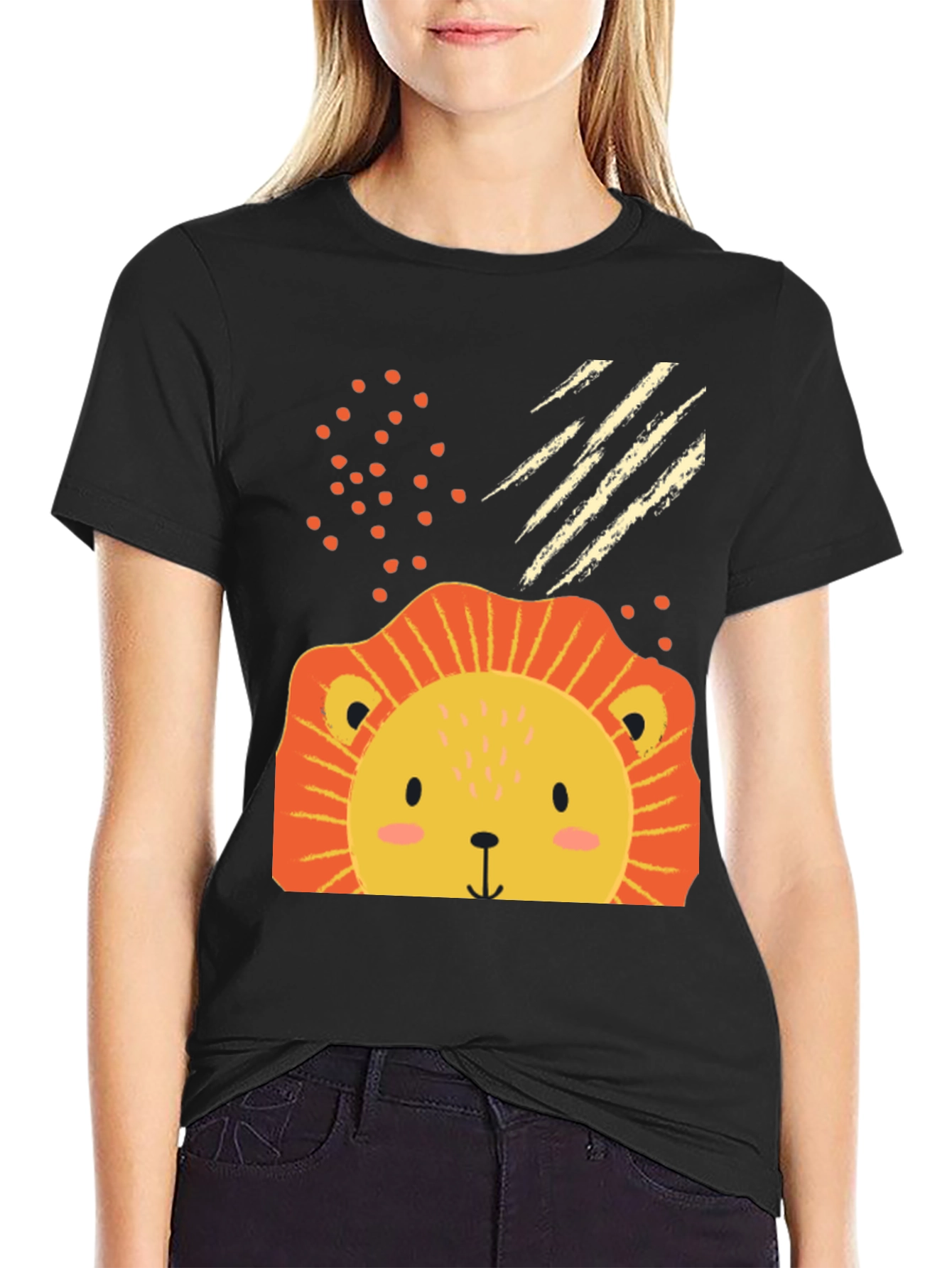 Cute Lion Graphic Tee - Black Cotton Blend