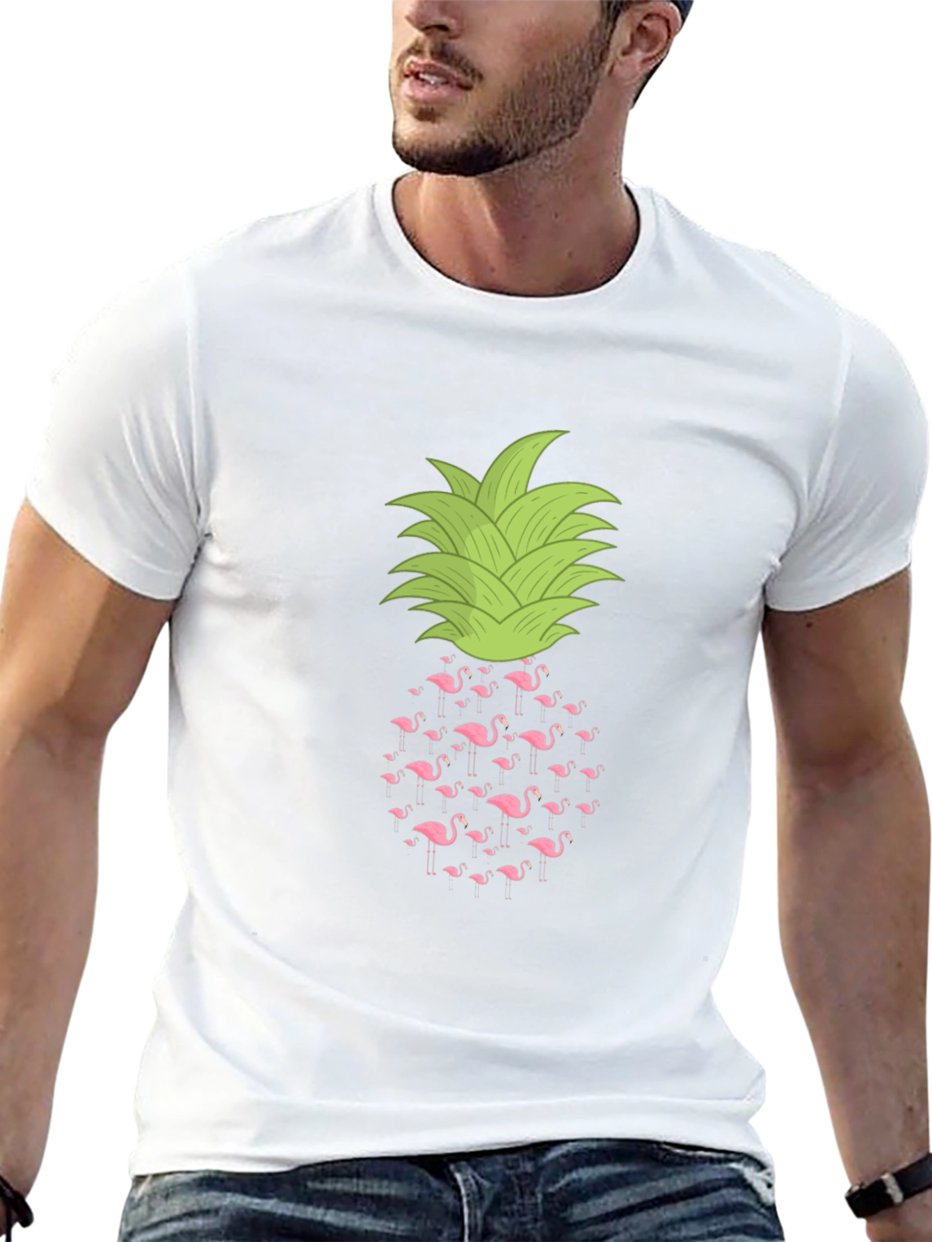 Flamingo Pineapple Print Black T-Shirt