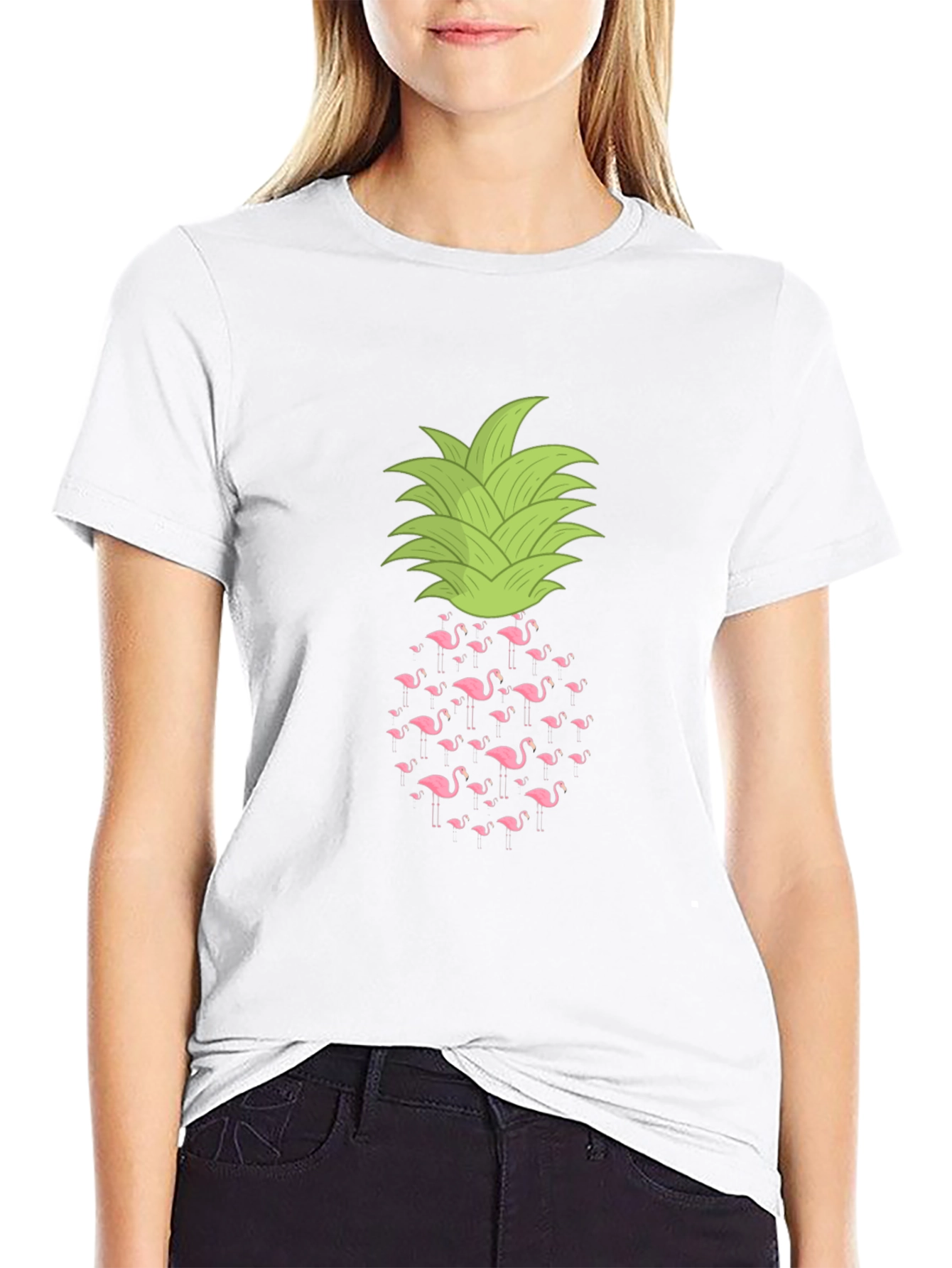 Flamingo Pineapple Print Black T-Shirt