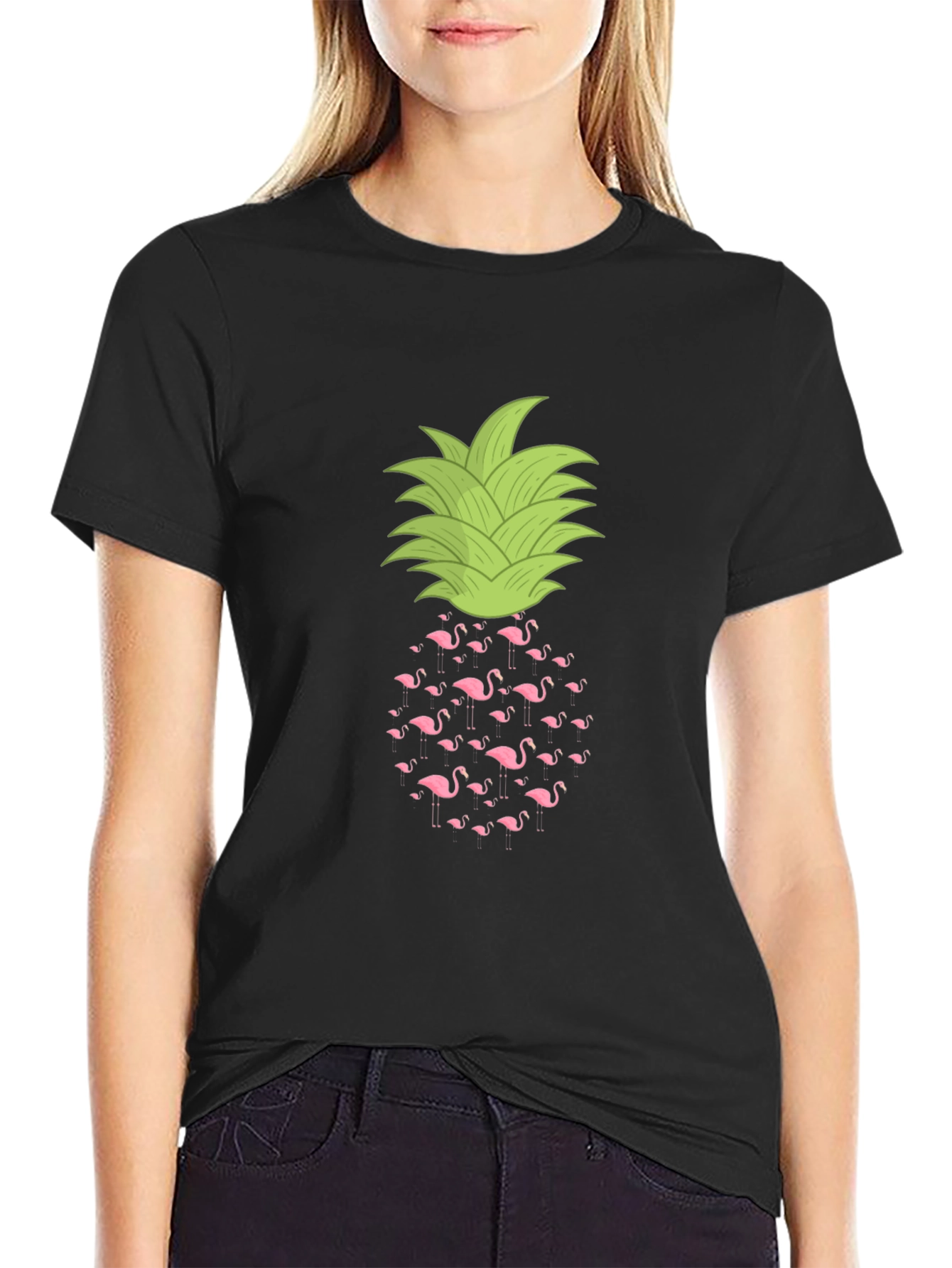 Flamingo Pineapple Print Black T-Shirt