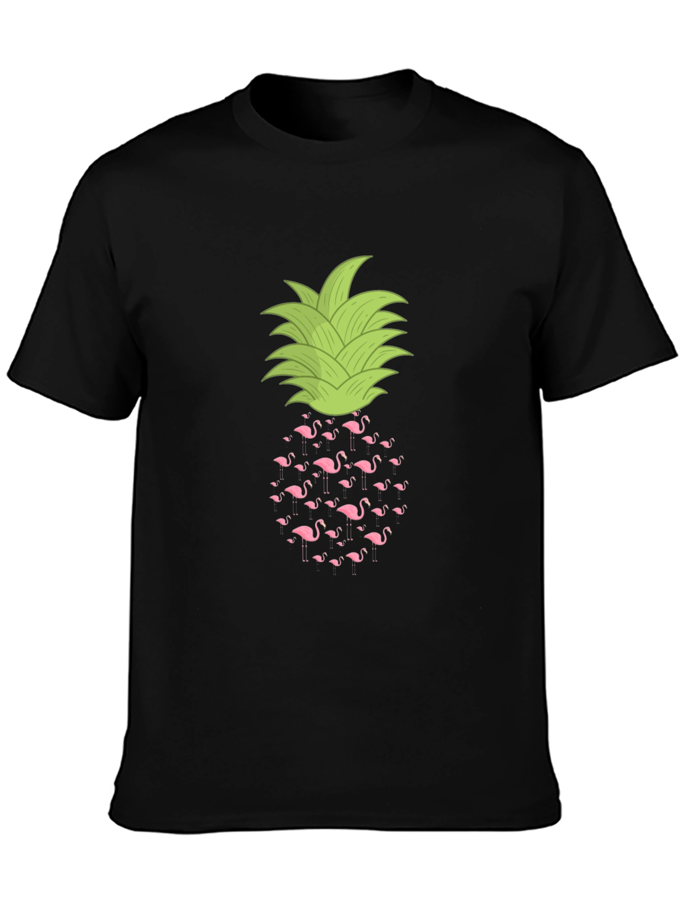 Flamingo Pineapple Print Black T-Shirt