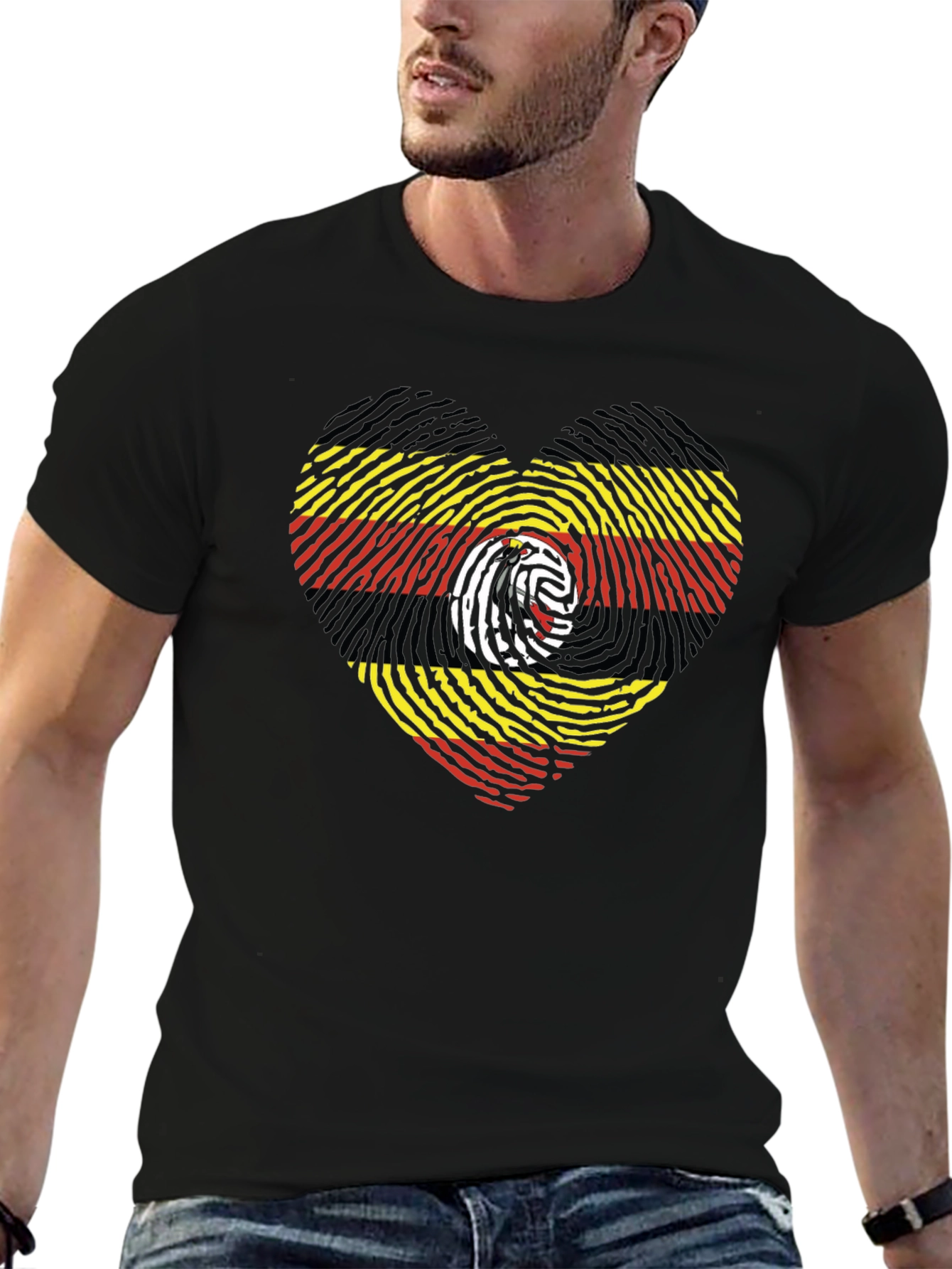 Uganda Flag Fingerprint Heart Graphic Tee