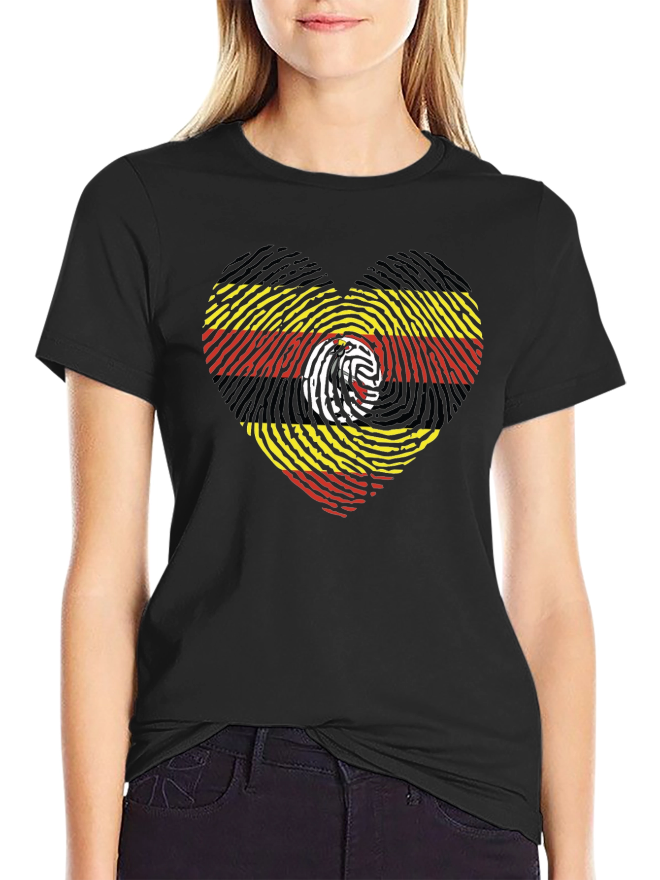 Uganda Flag Fingerprint Heart Graphic Tee