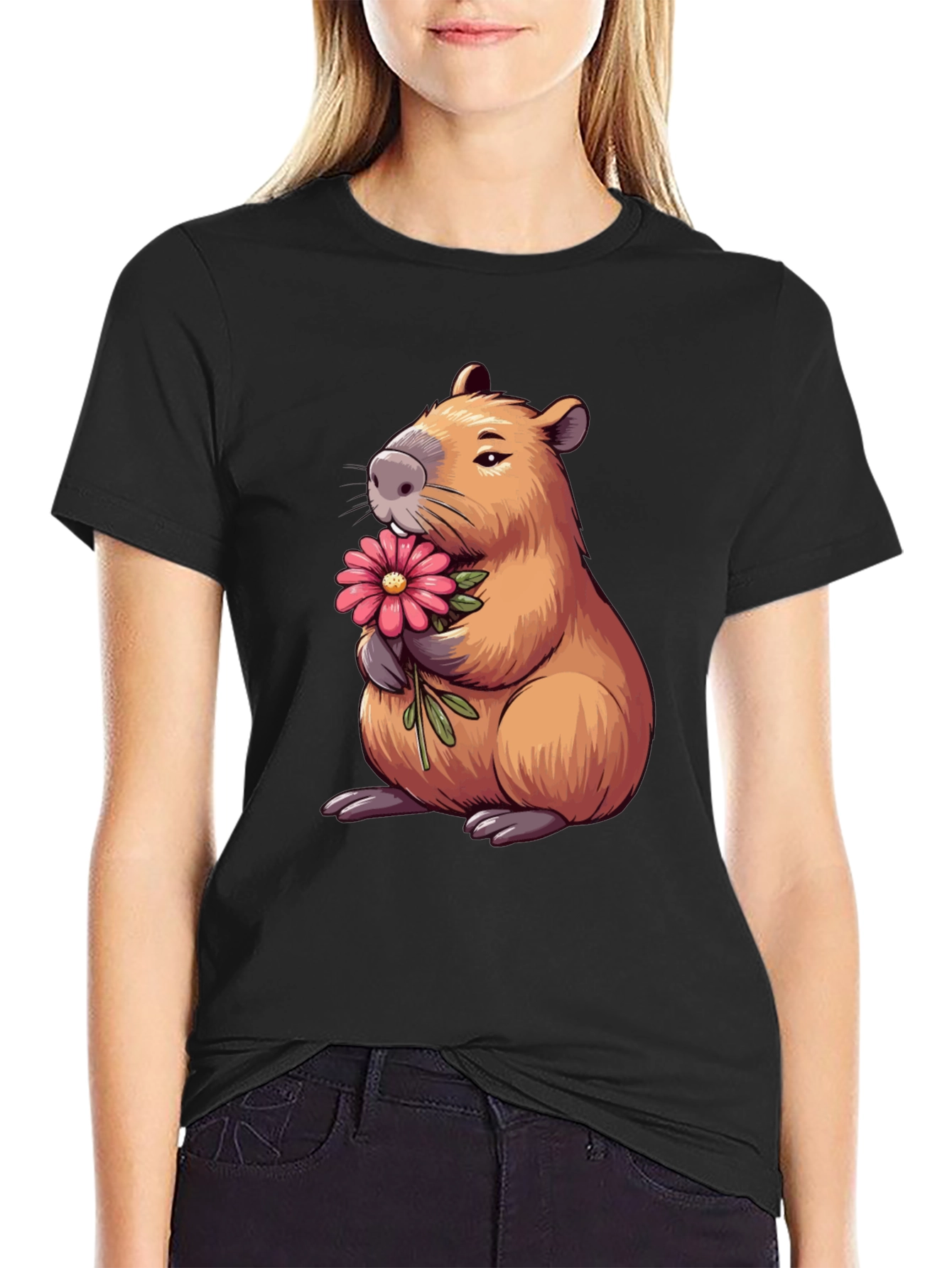 Capybara with Flower Graphic T-Shirt