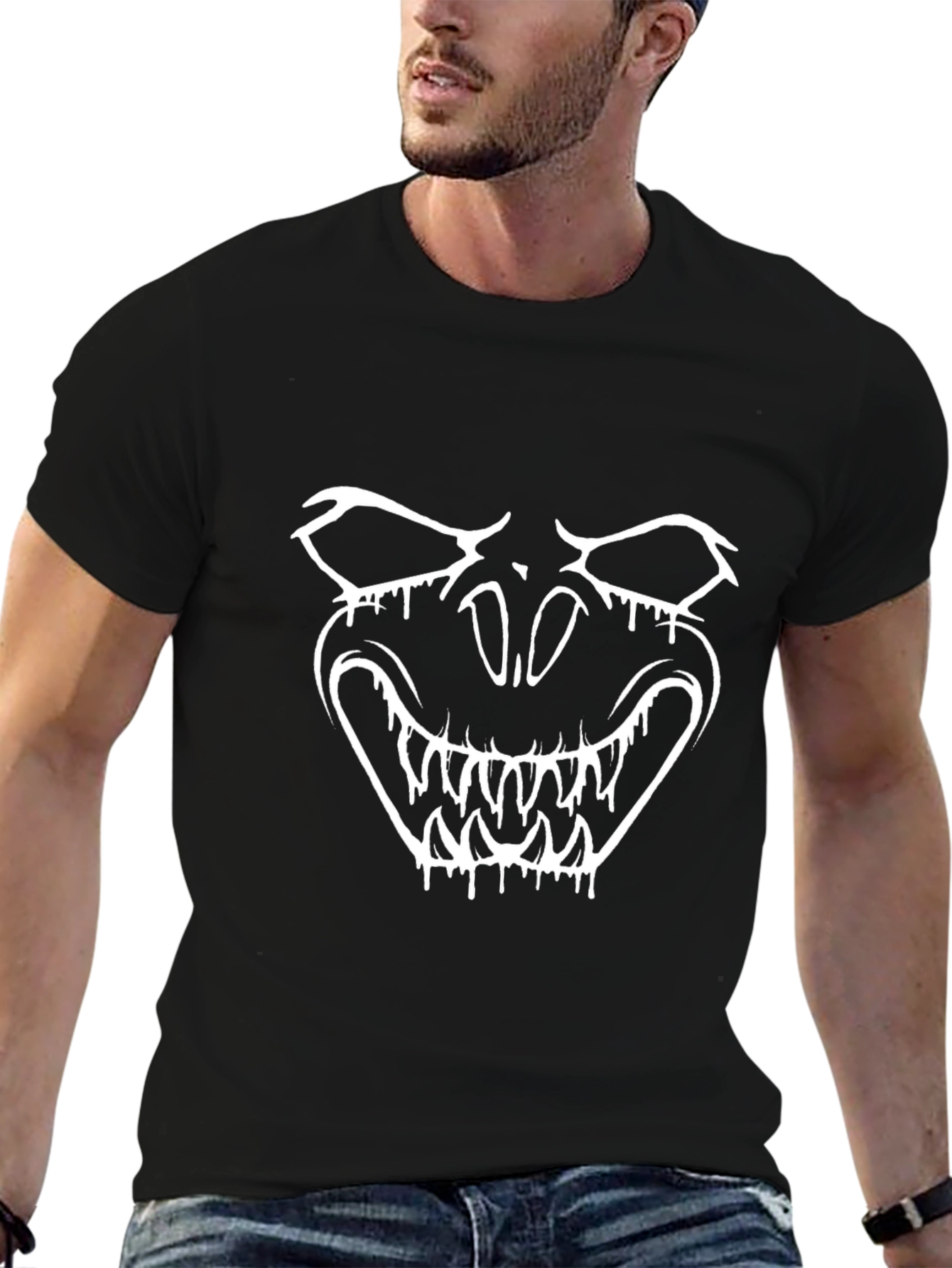 Mens Black Graphic Tee - Monster Face Design