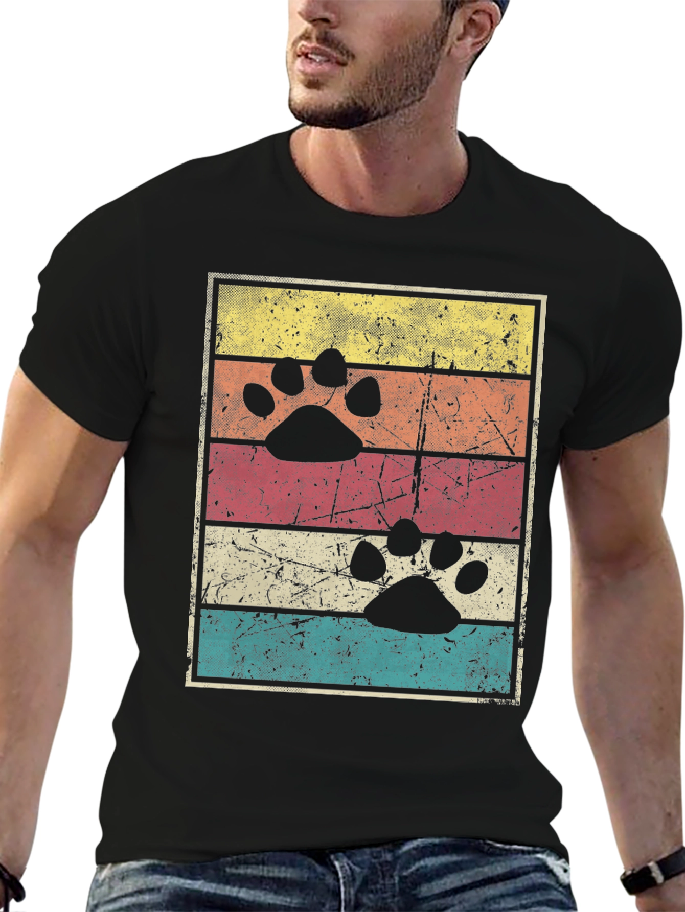 Retro Paw Print Graphic Tee - Black